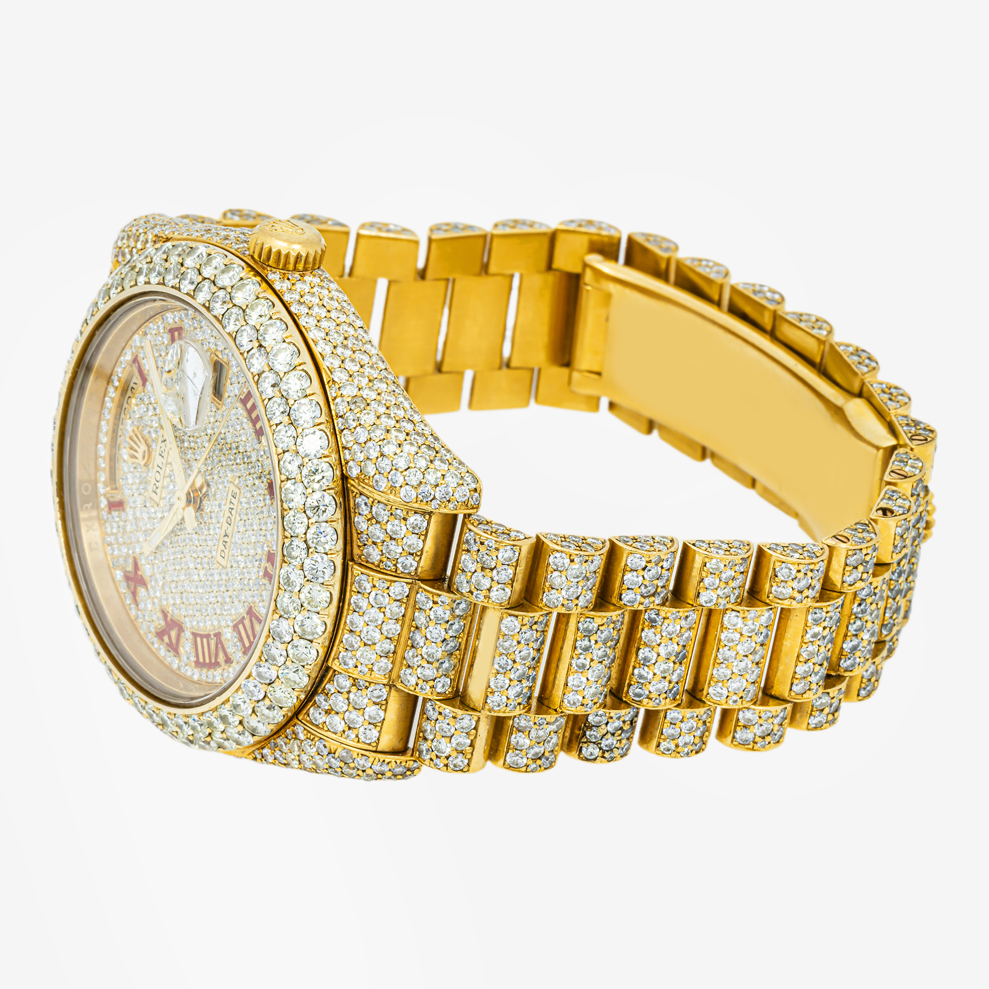 Rolex Day-Date II 41MM 218235 Diamond Paved Roman Dial Diamond Bezel 18K Yellow Gold Full Diamond President Bracelet 21.75ct