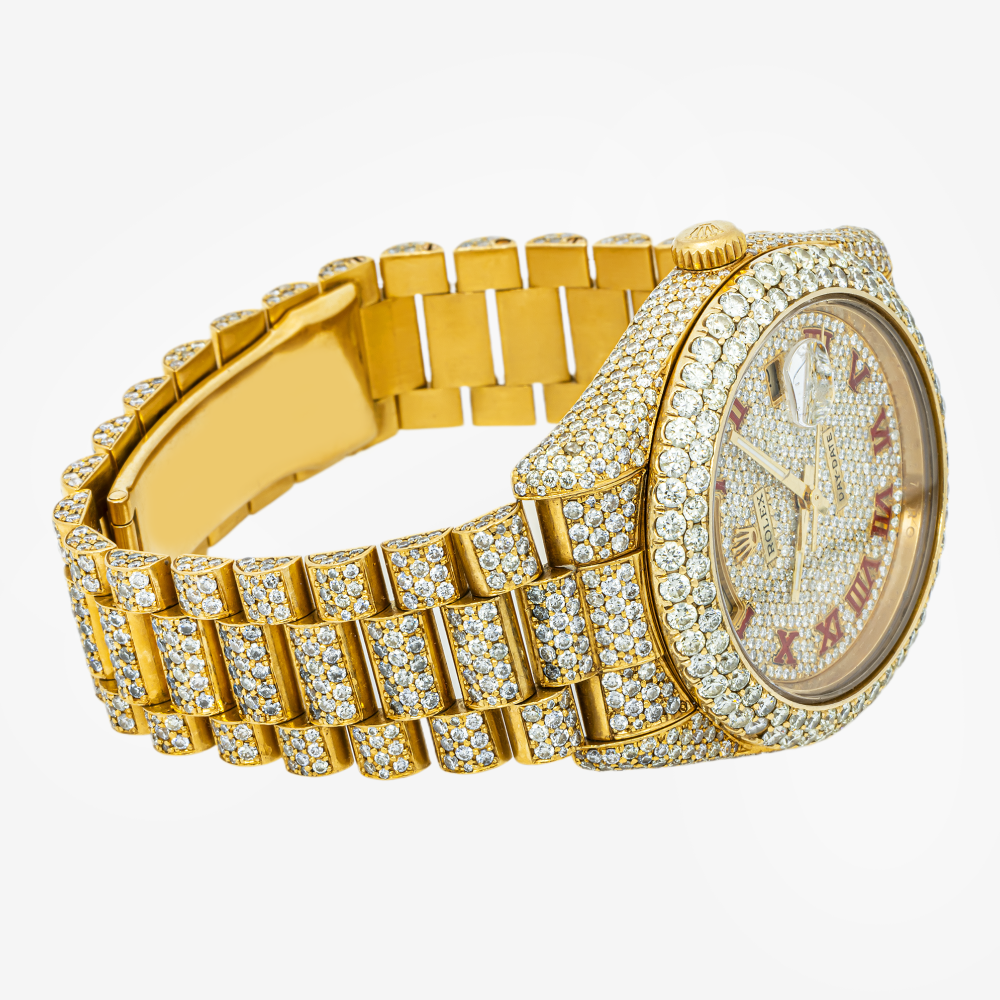 Rolex Day-Date II 41MM 218235 Diamond Paved Roman Dial Diamond Bezel 18K Yellow Gold Full Diamond President Bracelet 21.75ct