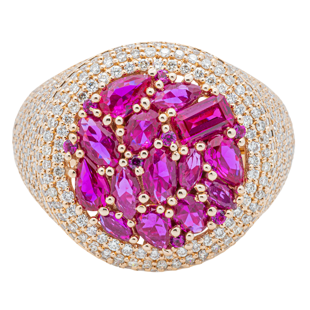 14K RUBY & DIAMOND PAVE DOME COCKTAIL MIXED CUT RUBY CLUSTER BAGUETTE MARQUISE PEAR RING IN RG