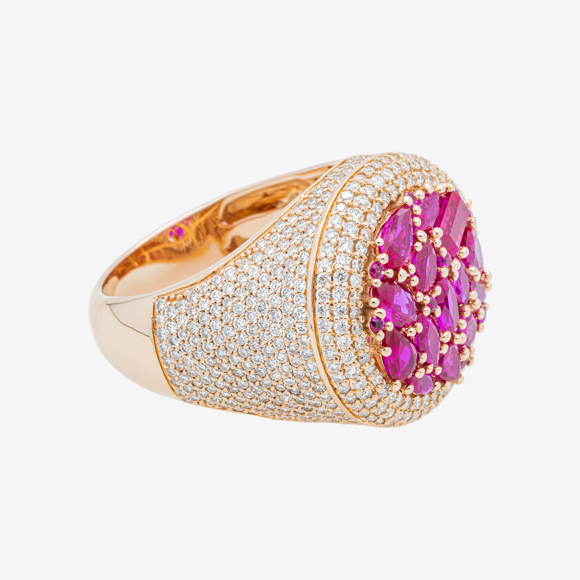 14K RUBY & DIAMOND PAVE DOME COCKTAIL MIXED CUT RUBY CLUSTER BAGUETTE MARQUISE PEAR RING IN RG