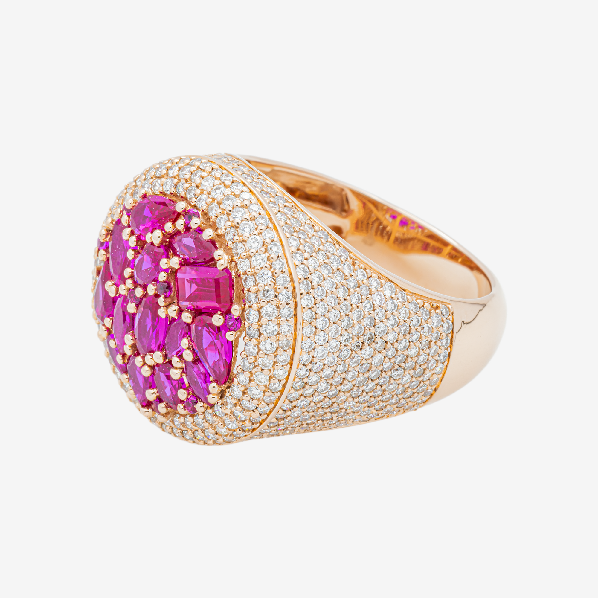 14K RUBY & DIAMOND PAVE DOME COCKTAIL MIXED CUT RUBY CLUSTER BAGUETTE MARQUISE PEAR RING IN RG