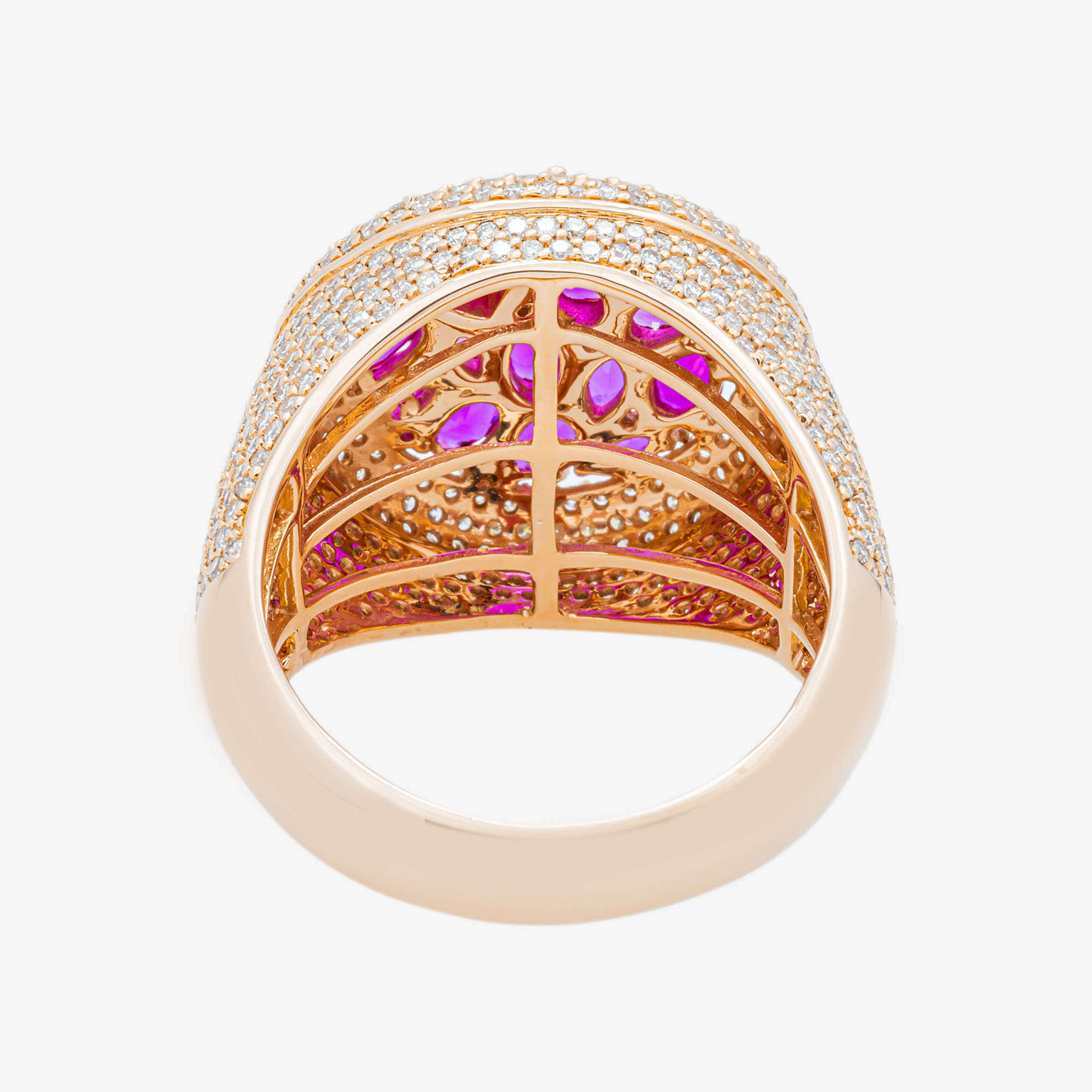 14K RUBY & DIAMOND PAVE DOME COCKTAIL MIXED CUT RUBY CLUSTER BAGUETTE MARQUISE PEAR RING IN RG