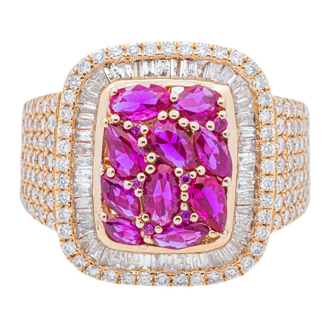 14K RUBY & DIAMOND BAGUETTE DOUBLE HALO WIDE MARQUISE RUBY CLUSTER PAVE BAND RING IN RG