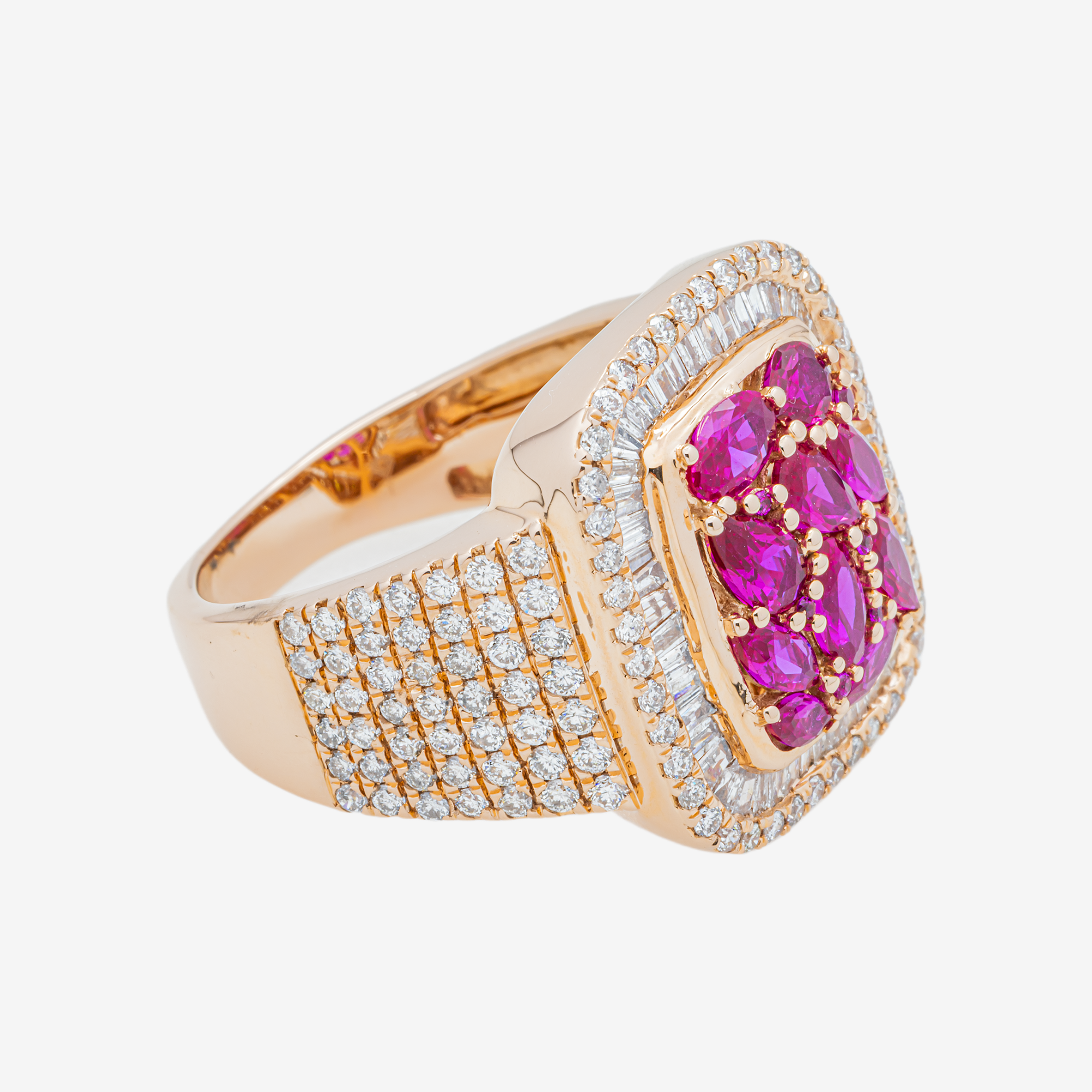14K RUBY & DIAMOND BAGUETTE DOUBLE HALO WIDE MARQUISE RUBY CLUSTER PAVE BAND RING IN RG