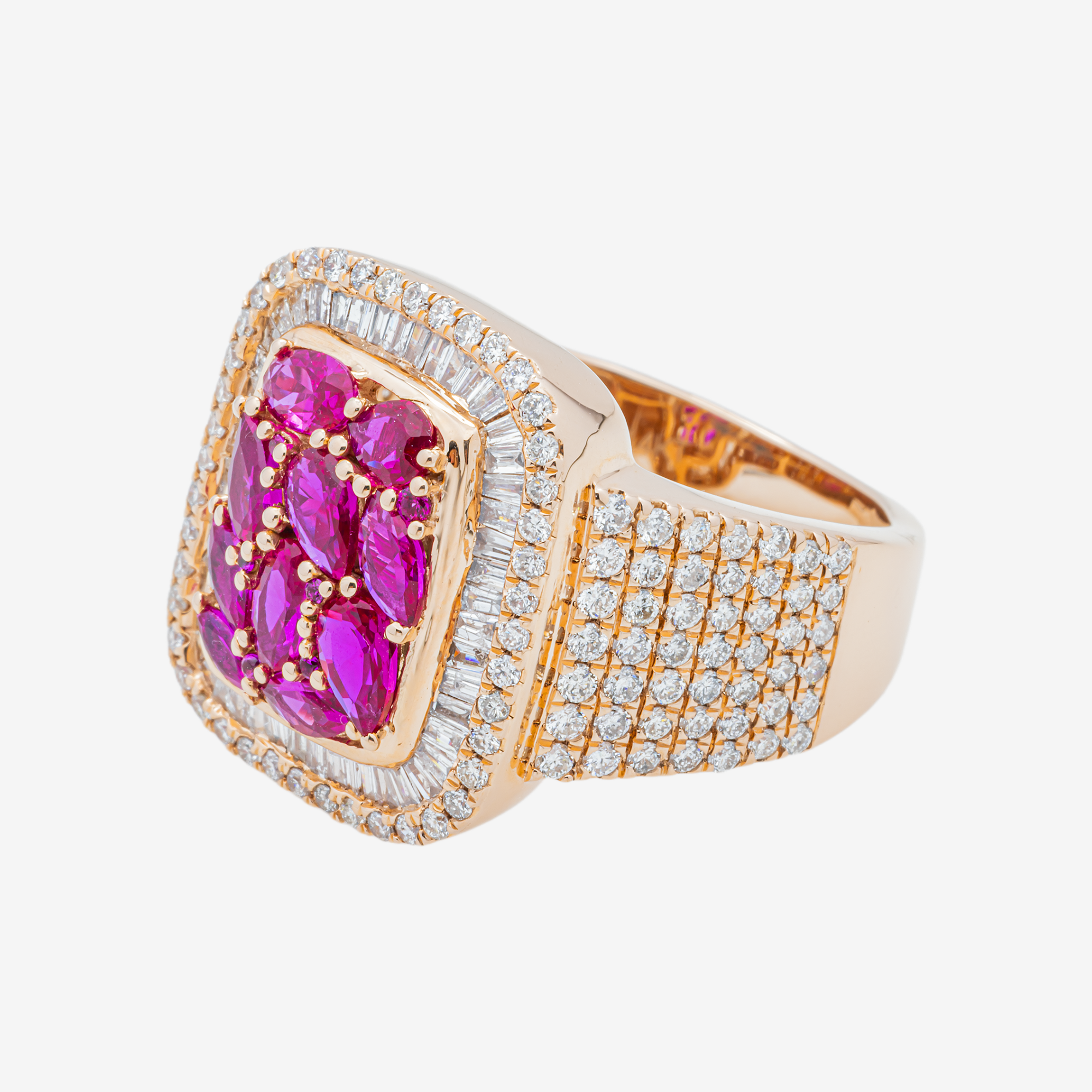 14K RUBY & DIAMOND BAGUETTE DOUBLE HALO WIDE MARQUISE RUBY CLUSTER PAVE BAND RING IN RG