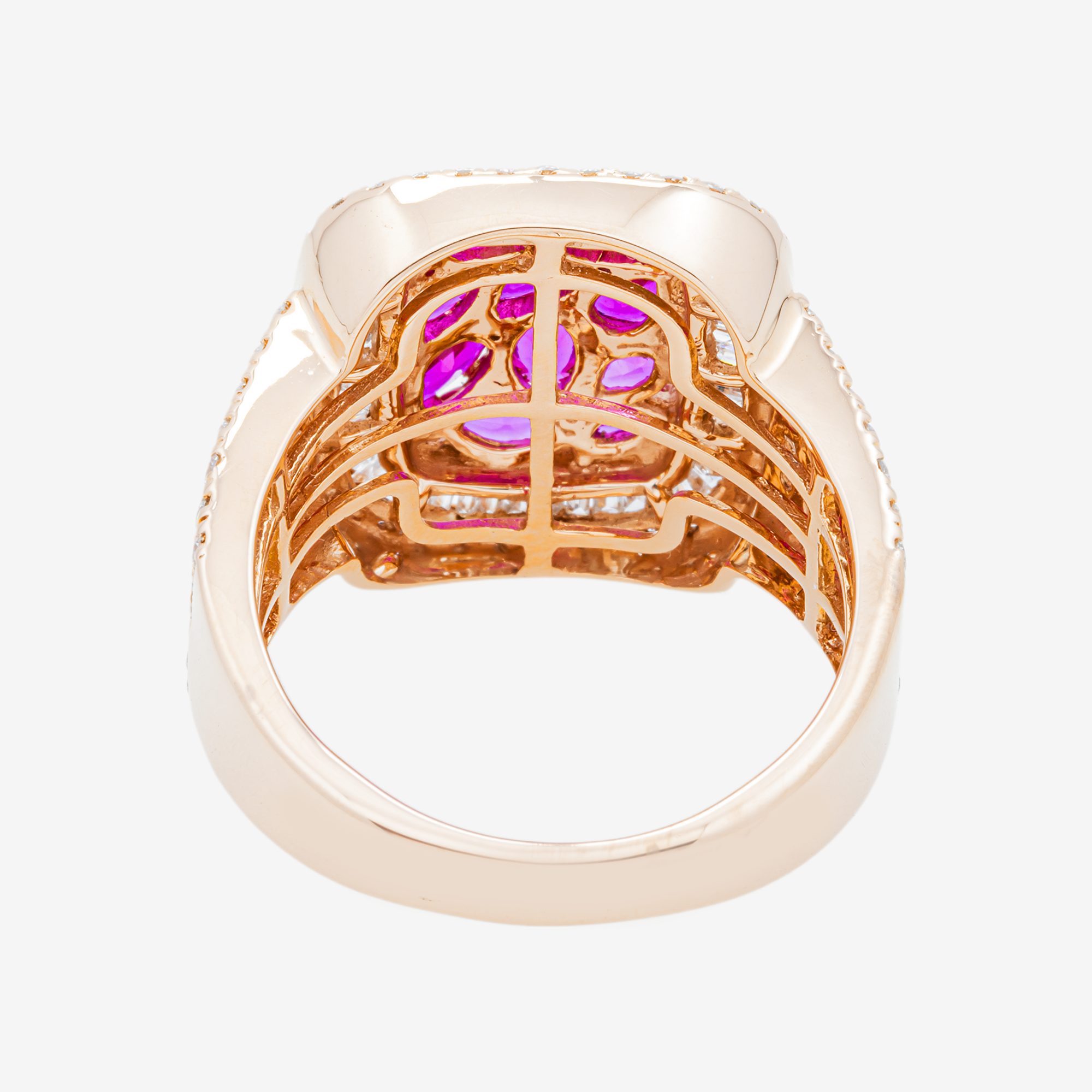 14K RUBY & DIAMOND BAGUETTE DOUBLE HALO WIDE MARQUISE RUBY CLUSTER PAVE BAND RING IN RG