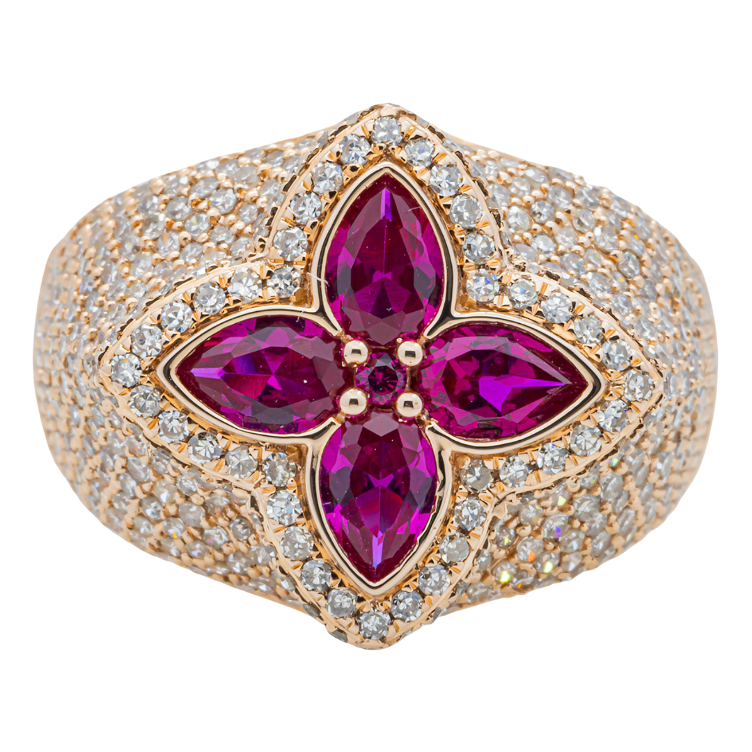 14K RUBY MARQUISE FOUR PETAL FLOWER & DIAMOND PAVE FLORAL CLUSTER DOME RING IN RG