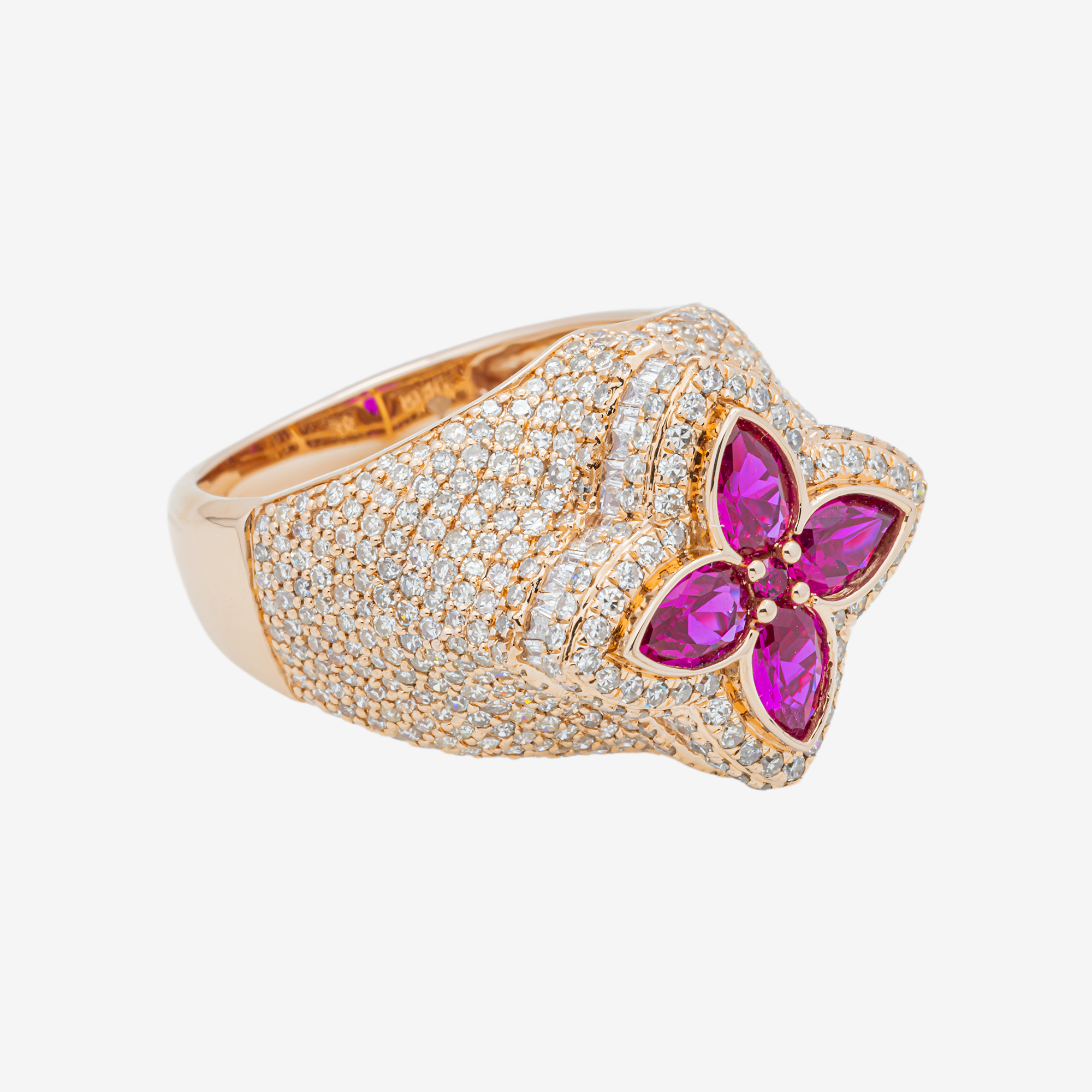 14K RUBY MARQUISE FOUR PETAL FLOWER & DIAMOND PAVE FLORAL CLUSTER DOME RING IN RG