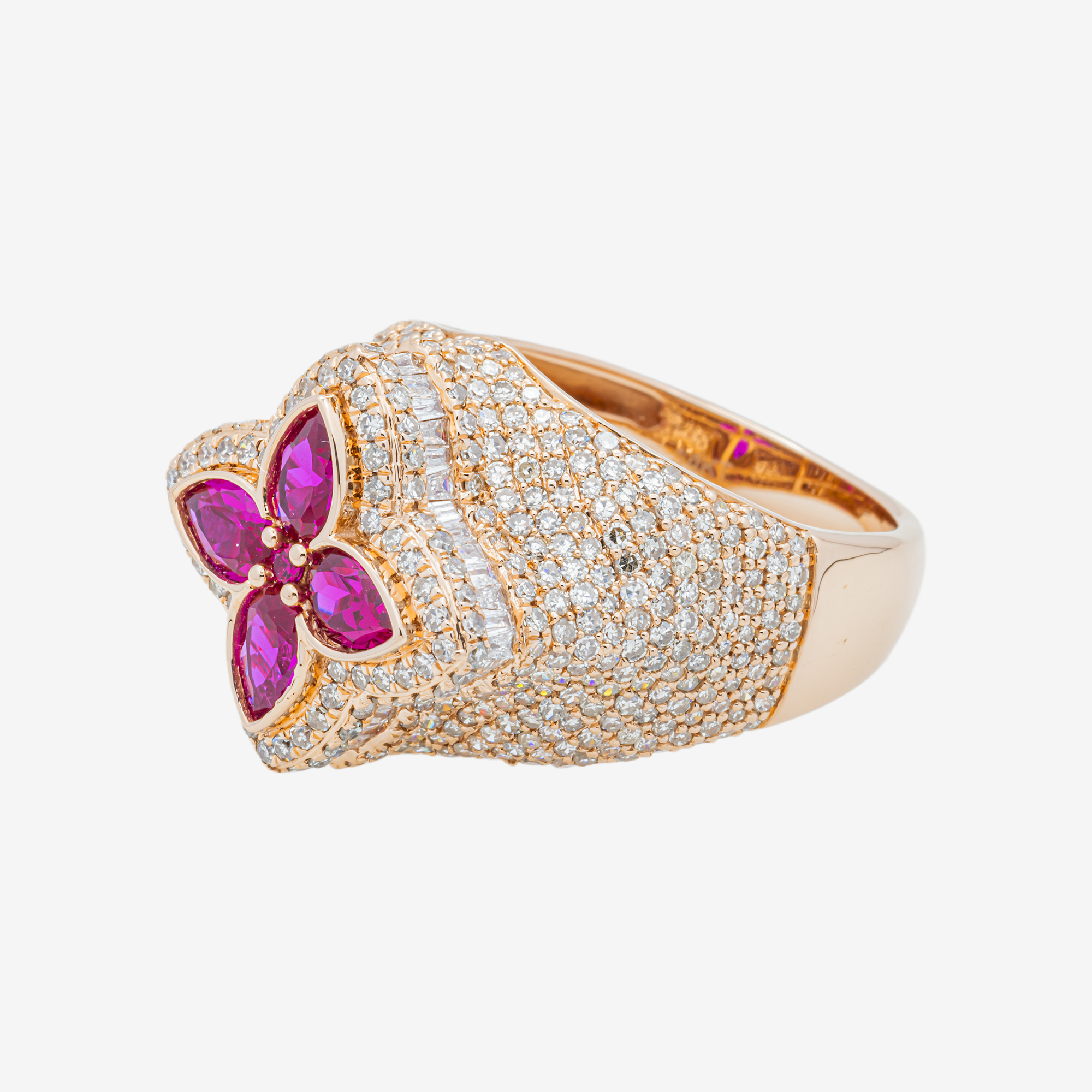 14K RUBY MARQUISE FOUR PETAL FLOWER & DIAMOND PAVE FLORAL CLUSTER DOME RING IN RG