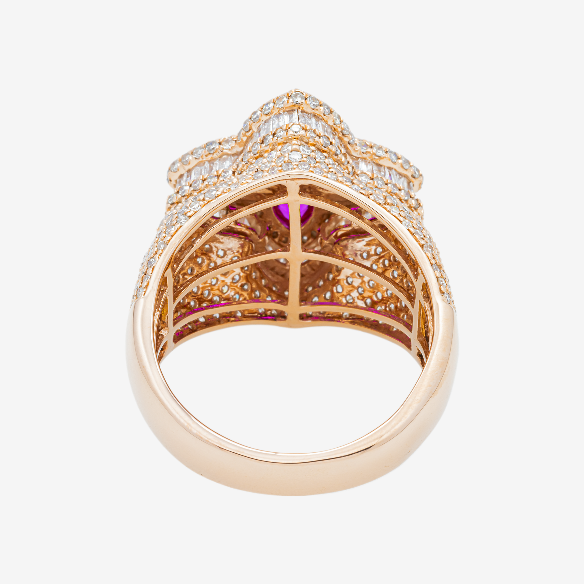 14K RUBY MARQUISE FOUR PETAL FLOWER & DIAMOND PAVE FLORAL CLUSTER DOME RING IN RG