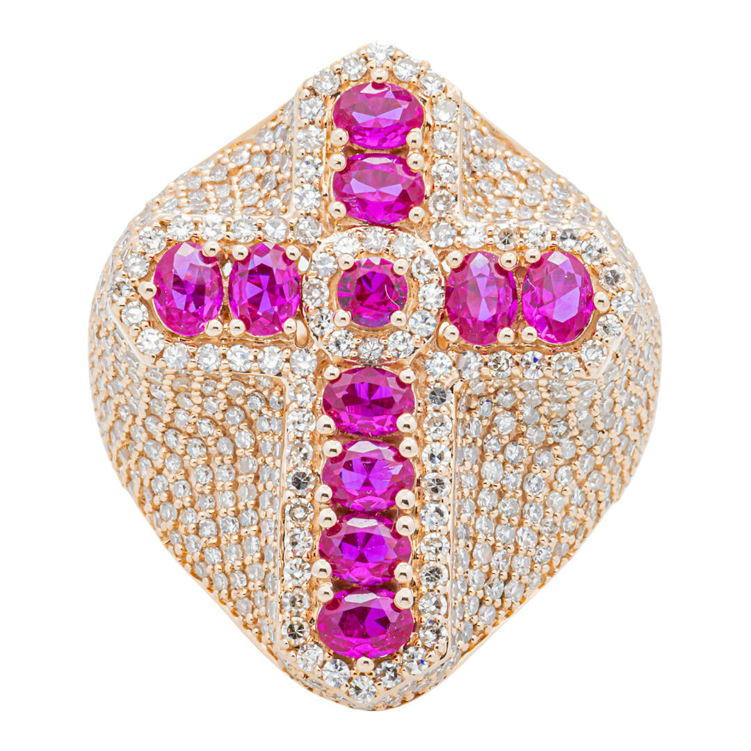 14K RUBY CROSS & DIAMOND PAVE DOME COCKTAIL OVAL RUBY RELIGIOUS CROSS RING IN RG
