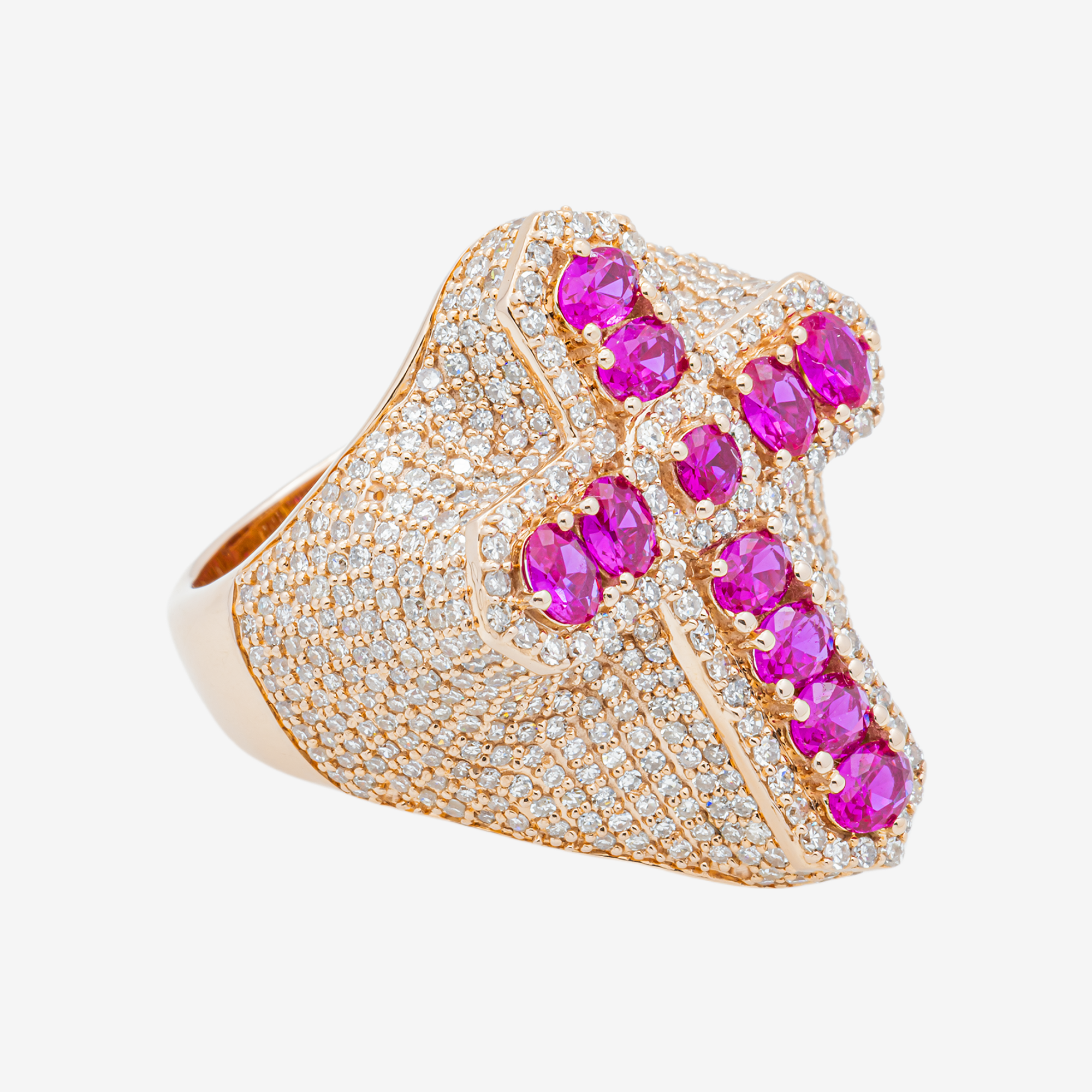 14K RUBY CROSS & DIAMOND PAVE DOME COCKTAIL OVAL RUBY RELIGIOUS CROSS RING IN RG