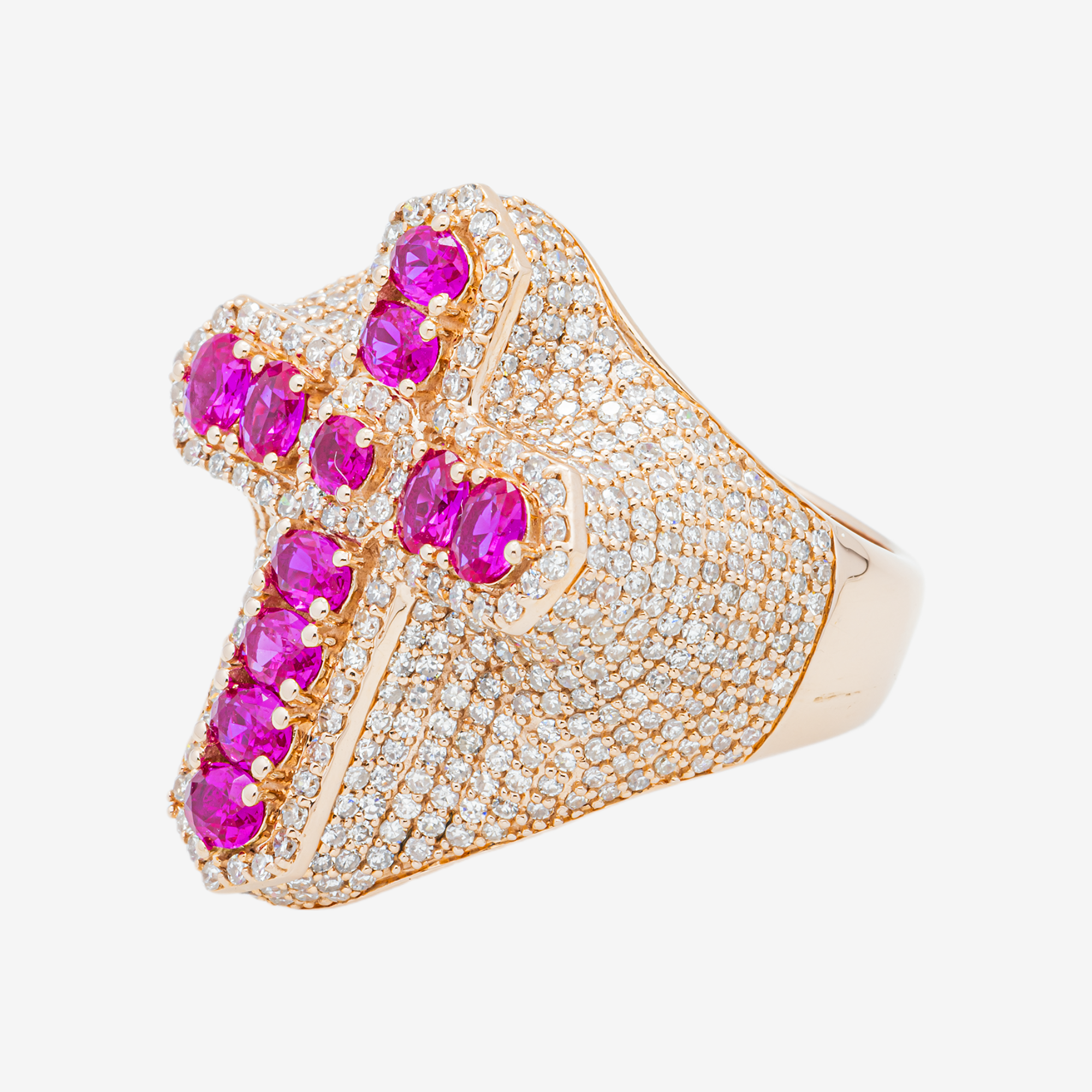 14K RUBY CROSS & DIAMOND PAVE DOME COCKTAIL OVAL RUBY RELIGIOUS CROSS RING IN RG