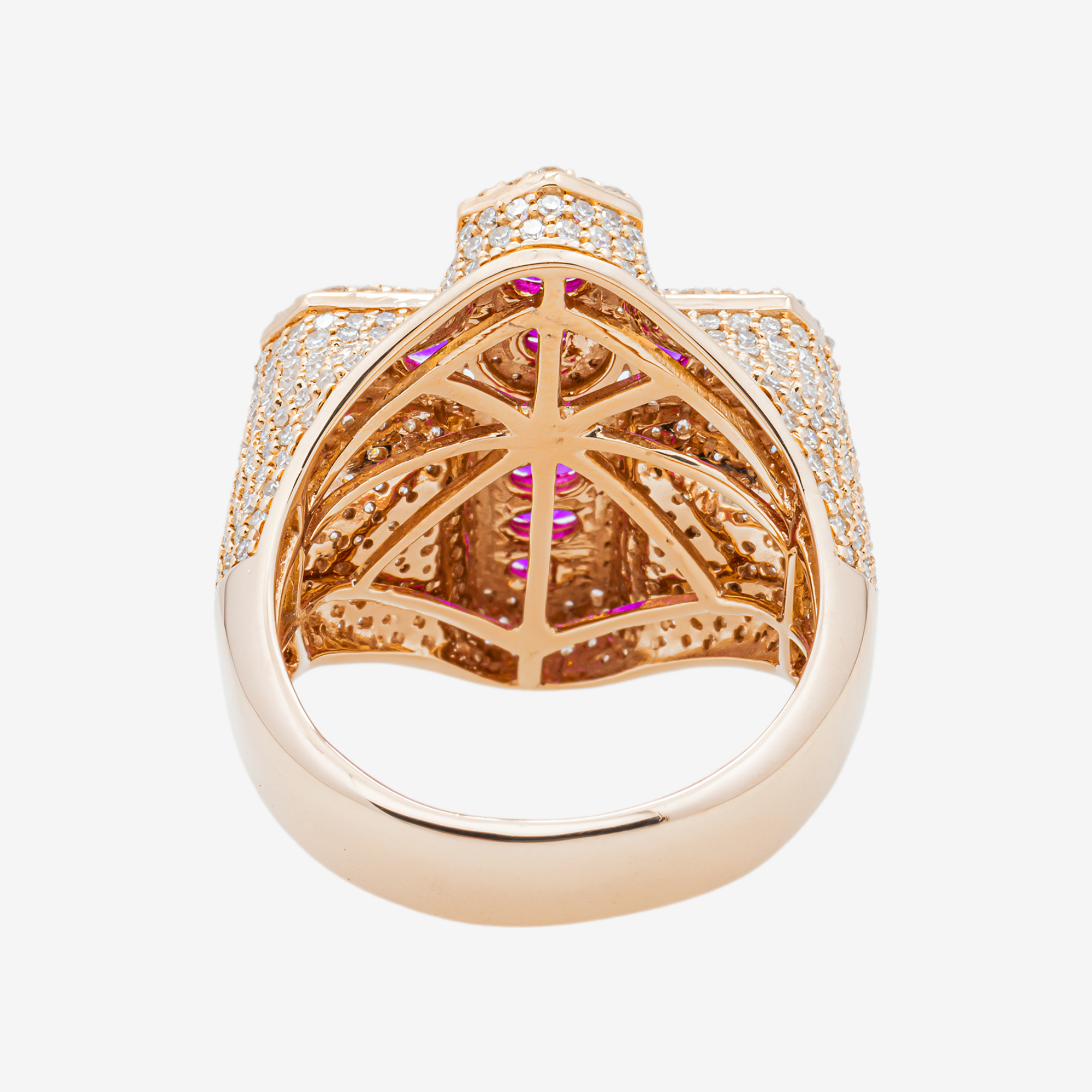 14K RUBY CROSS & DIAMOND PAVE DOME COCKTAIL OVAL RUBY RELIGIOUS CROSS RING IN RG