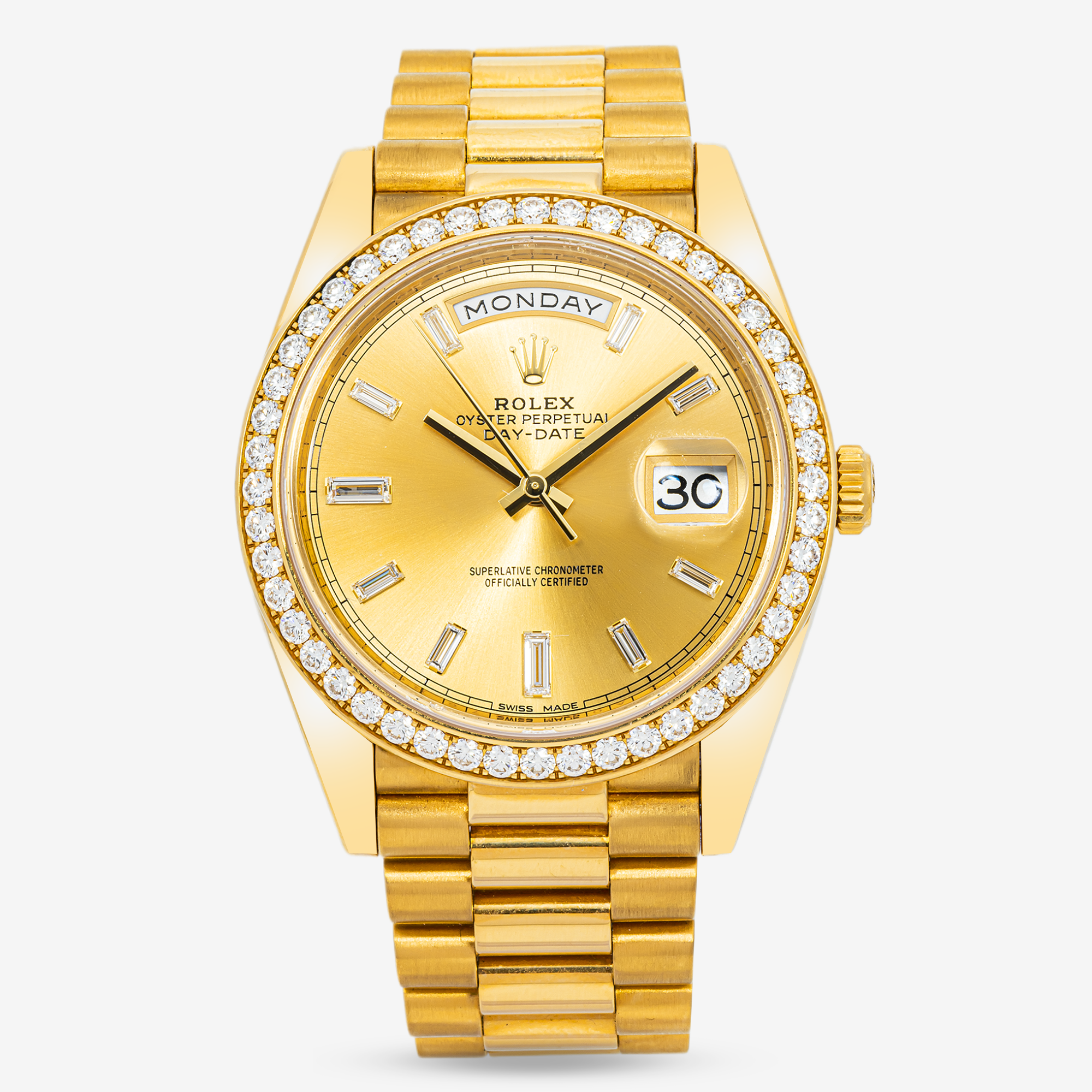 ROLEX DAY-DATE II 41MM 218348 CHAMPAGNE BAGUETTE DIAMOND DIAL DIAMOND BEZEL YELLOW GOLD PRESIDENTial