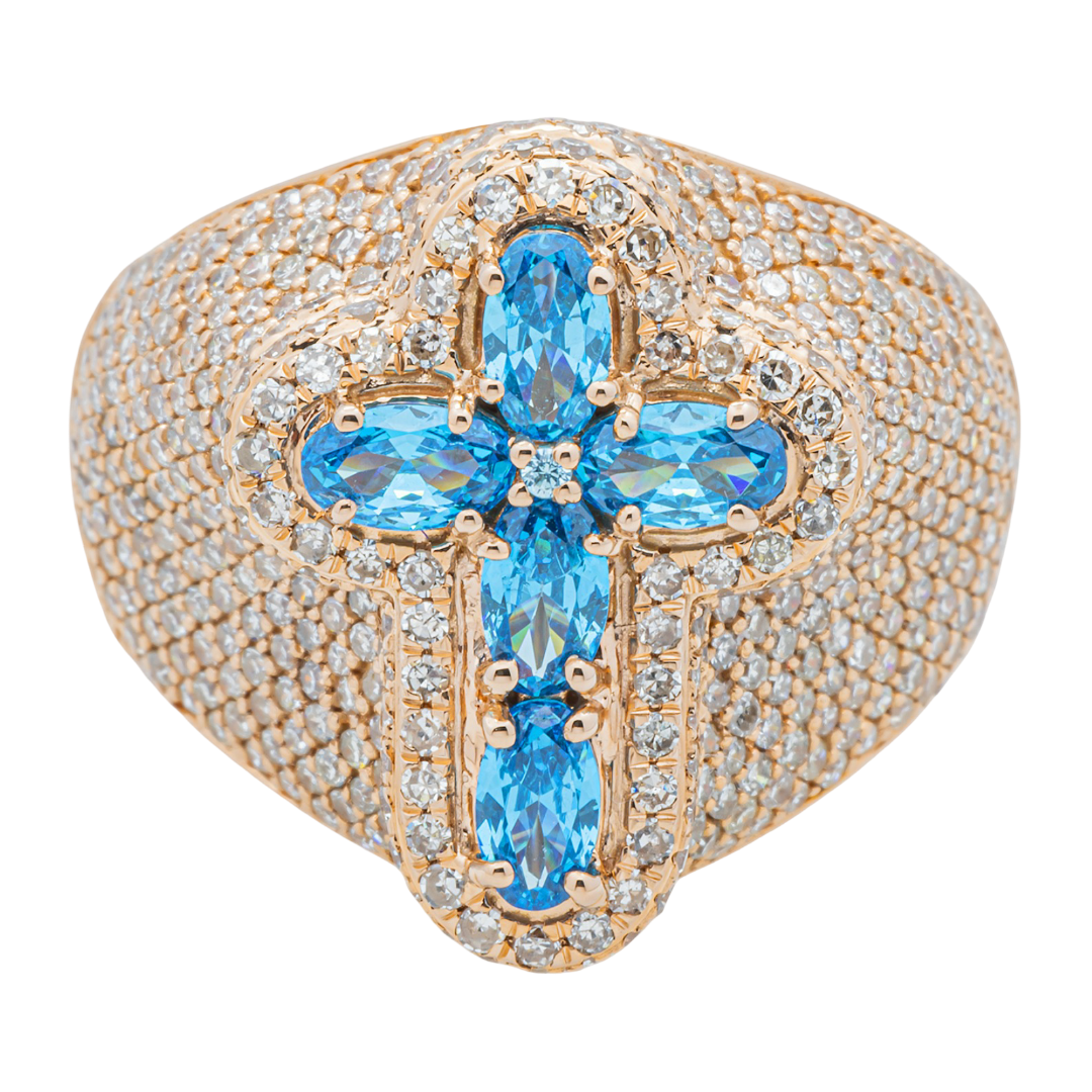 14K BLUE TOPAZ CROSS & DIAMOND PAVE DOME MARQUISE OVAL BLUE TOPAZ RELIGIOUS COCKTAIL RING IN RG
