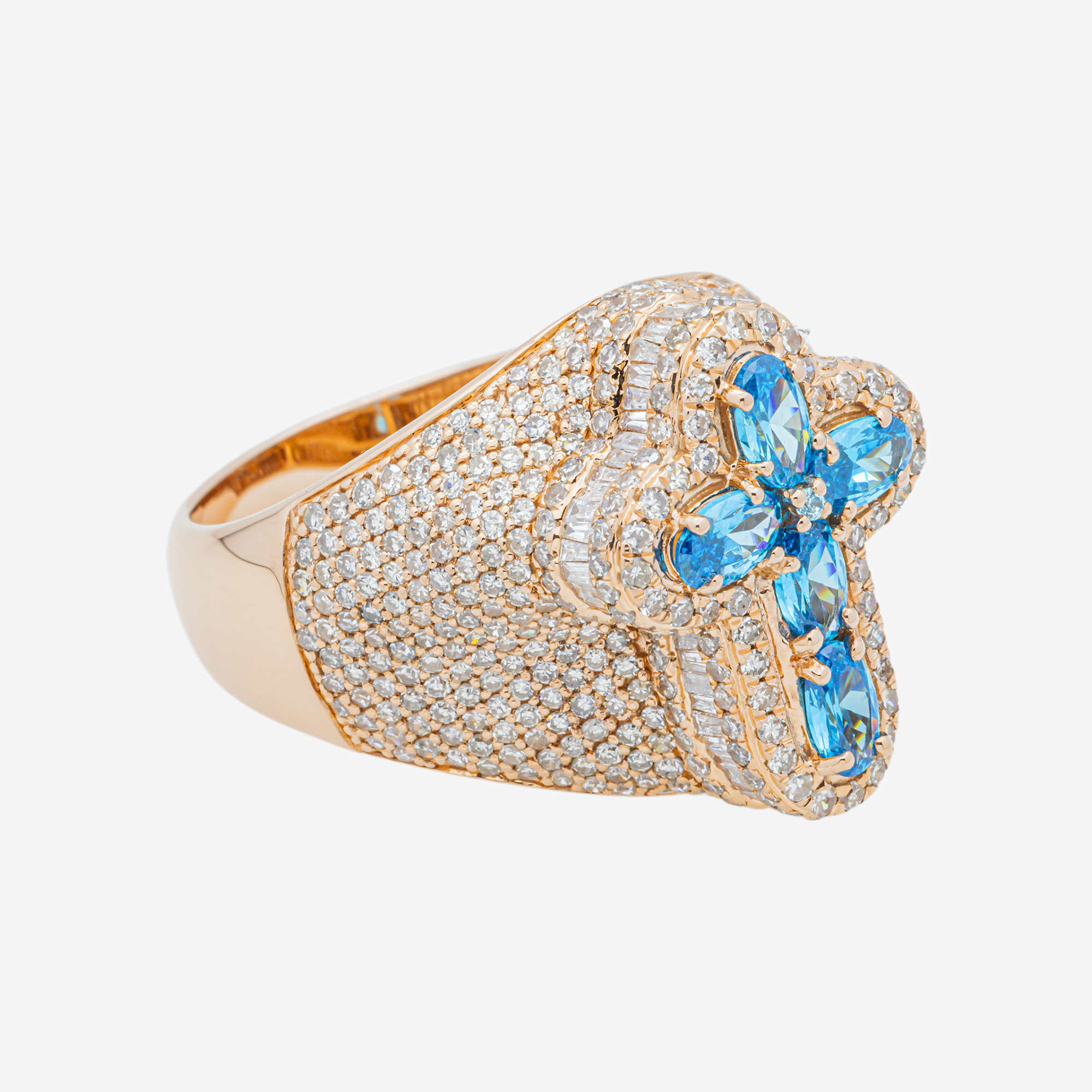 14K BLUE TOPAZ CROSS & DIAMOND PAVE DOME MARQUISE OVAL BLUE TOPAZ RELIGIOUS COCKTAIL RING IN RG