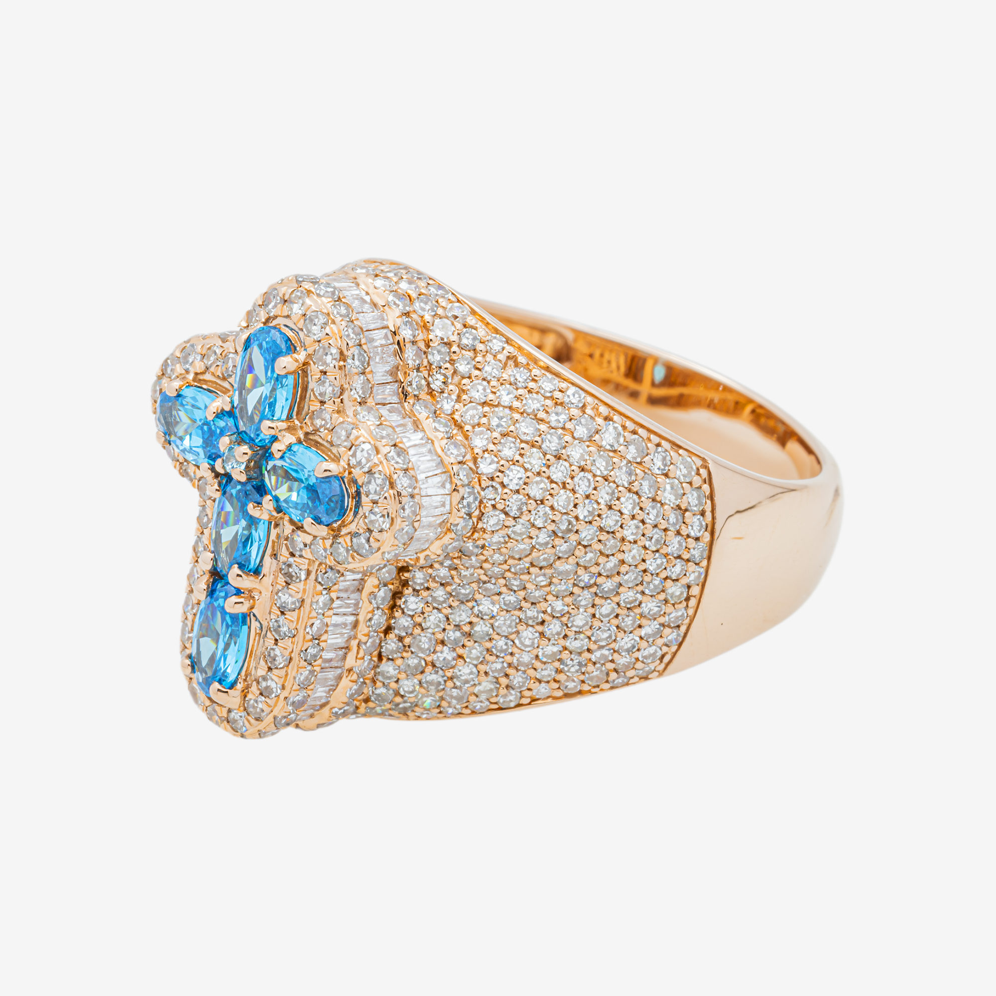 14K BLUE TOPAZ CROSS & DIAMOND PAVE DOME MARQUISE OVAL BLUE TOPAZ RELIGIOUS COCKTAIL RING IN RG