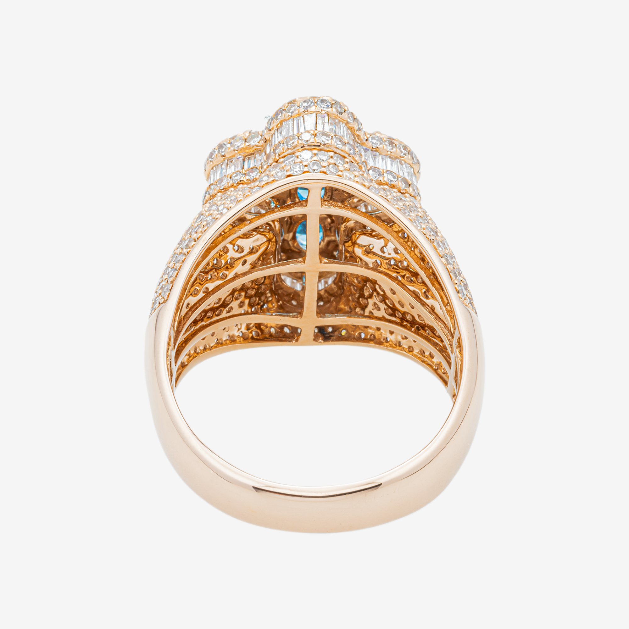 14K BLUE TOPAZ CROSS & DIAMOND PAVE DOME MARQUISE OVAL BLUE TOPAZ RELIGIOUS COCKTAIL RING IN RG