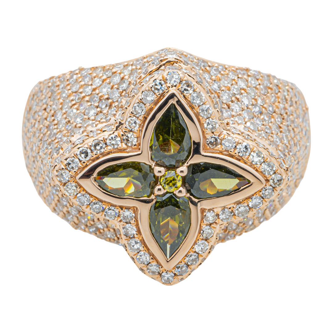 14K OLIVE GREEN SAPPHIRE FOUR PETAL FLOWER & DIAMOND PAVE DOME MARQUISE FLORAL CLUSTER RING IN RG