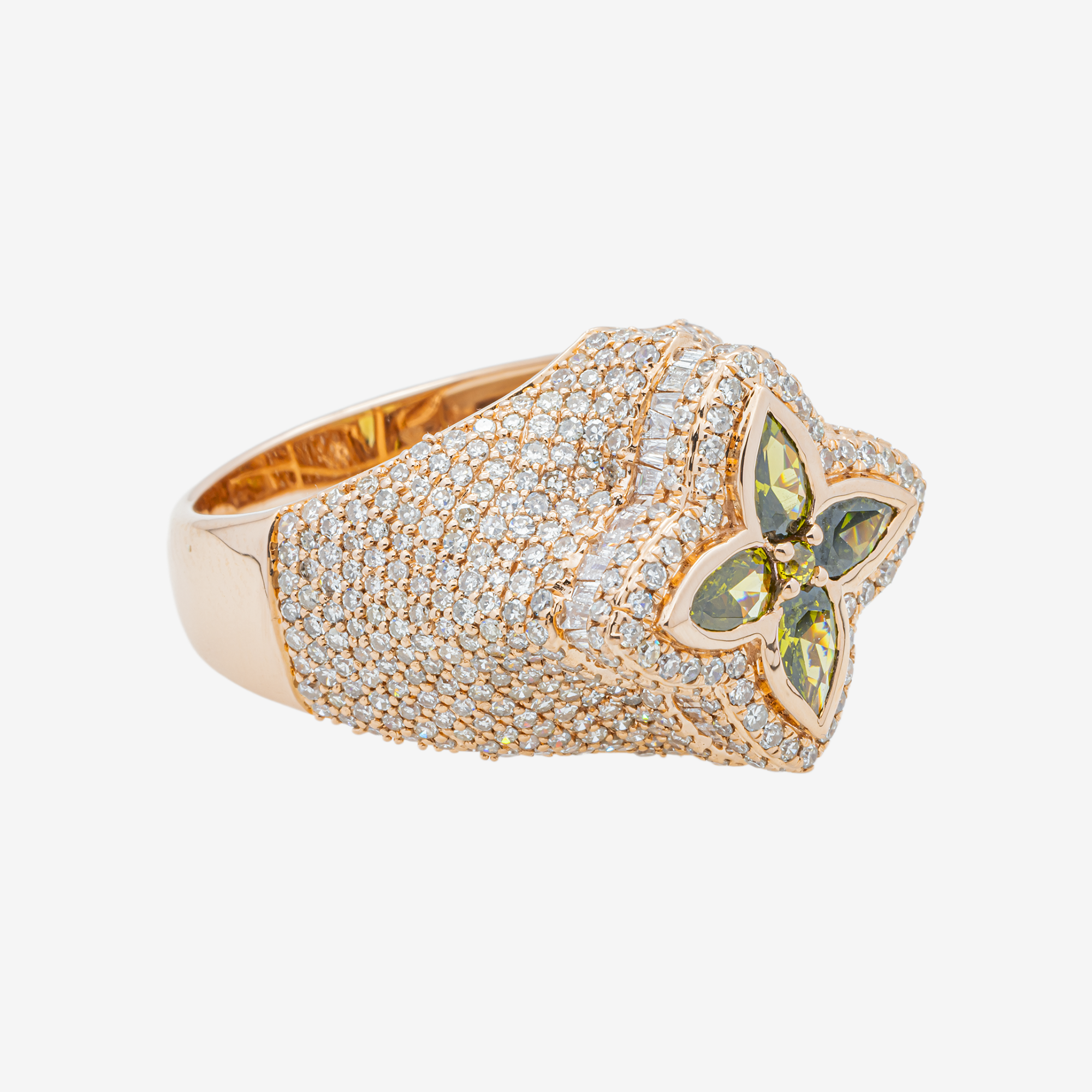 14K OLIVE GREEN SAPPHIRE FOUR PETAL FLOWER & DIAMOND PAVE DOME MARQUISE FLORAL CLUSTER RING IN RG