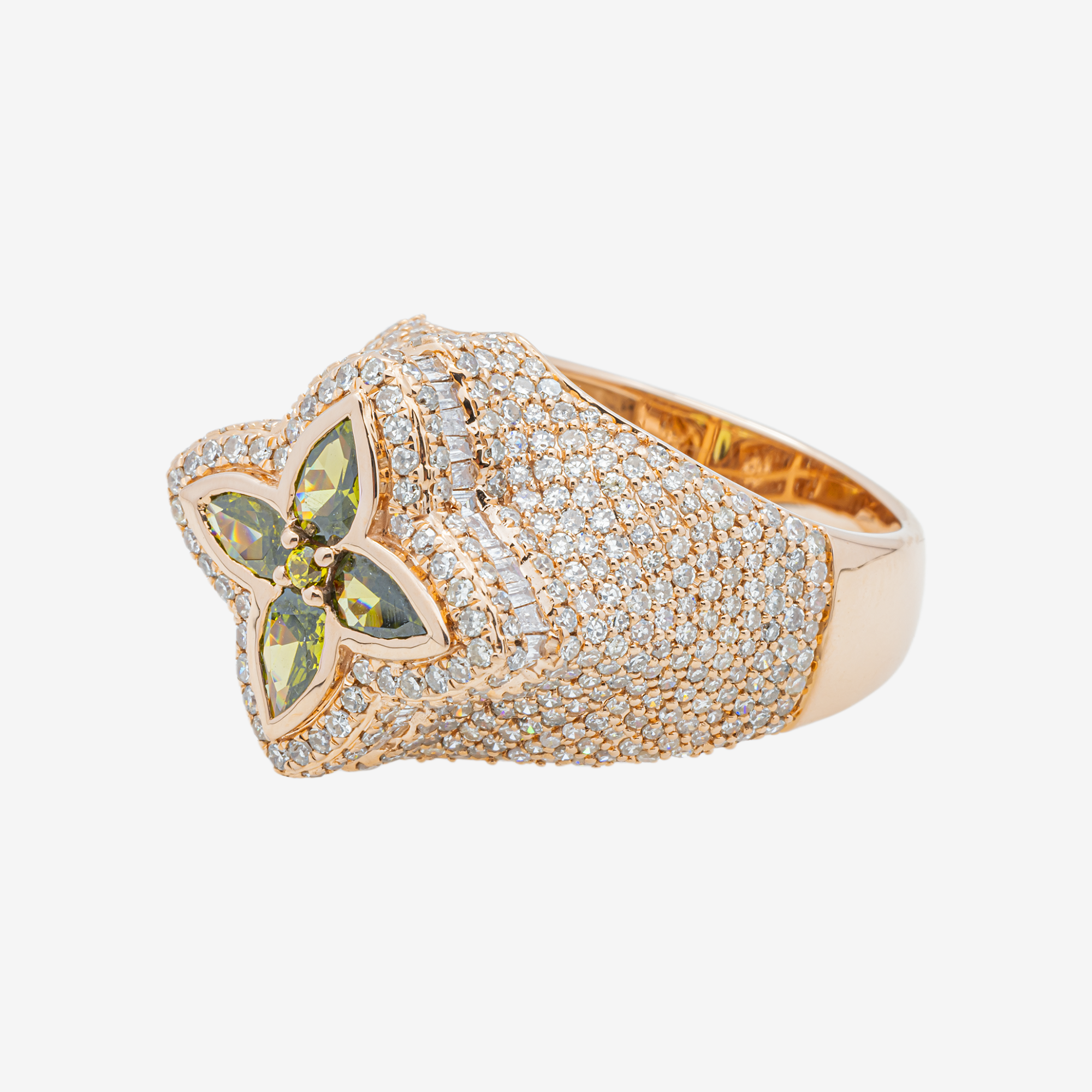 14K OLIVE GREEN SAPPHIRE FOUR PETAL FLOWER & DIAMOND PAVE DOME MARQUISE FLORAL CLUSTER RING IN RG