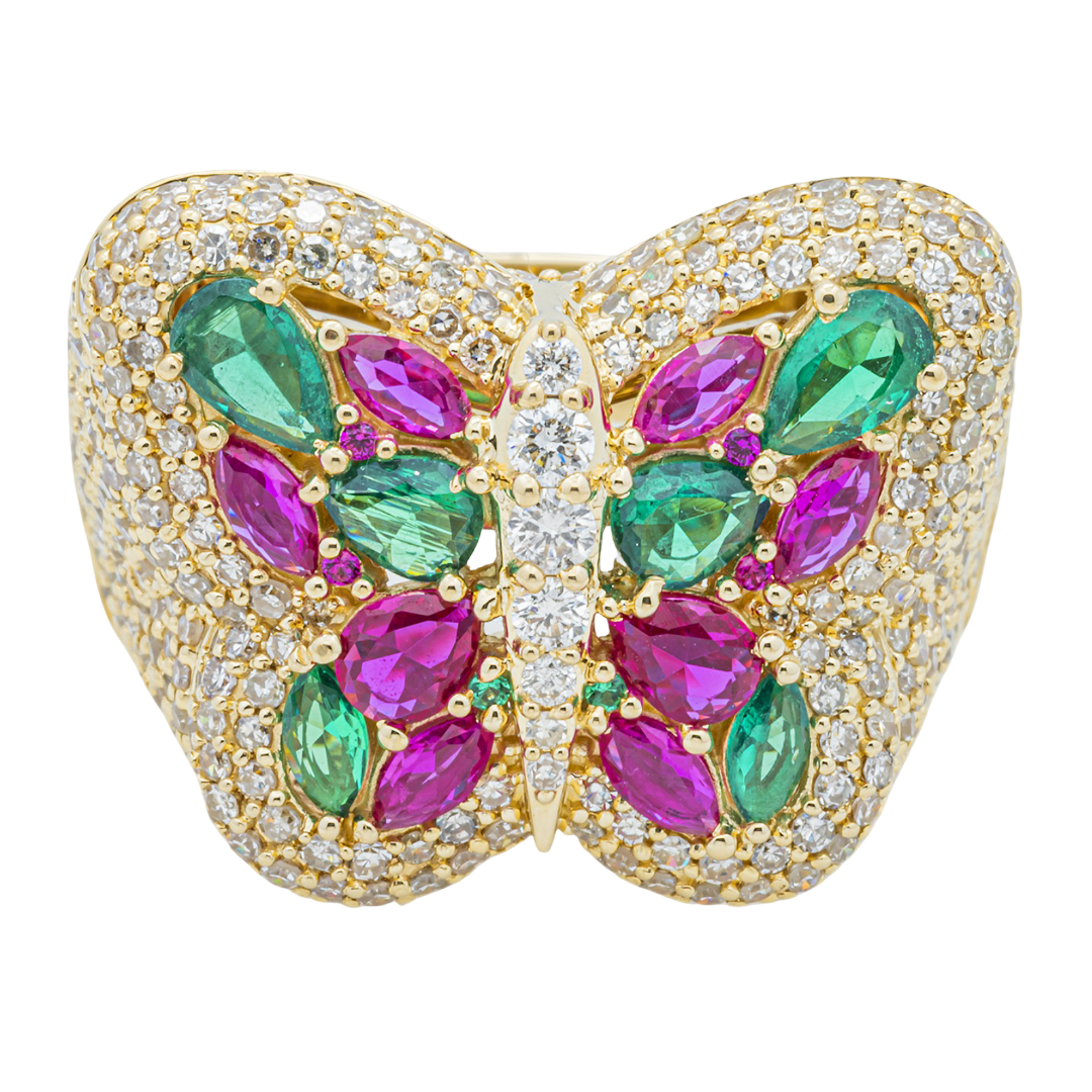 14K RUBY EMERALD & DIAMOND PAVE BUTTERFLY DOME MARQUISE PEAR MULTI-GEMSTONE NATURE INSPIRED RING IN YG