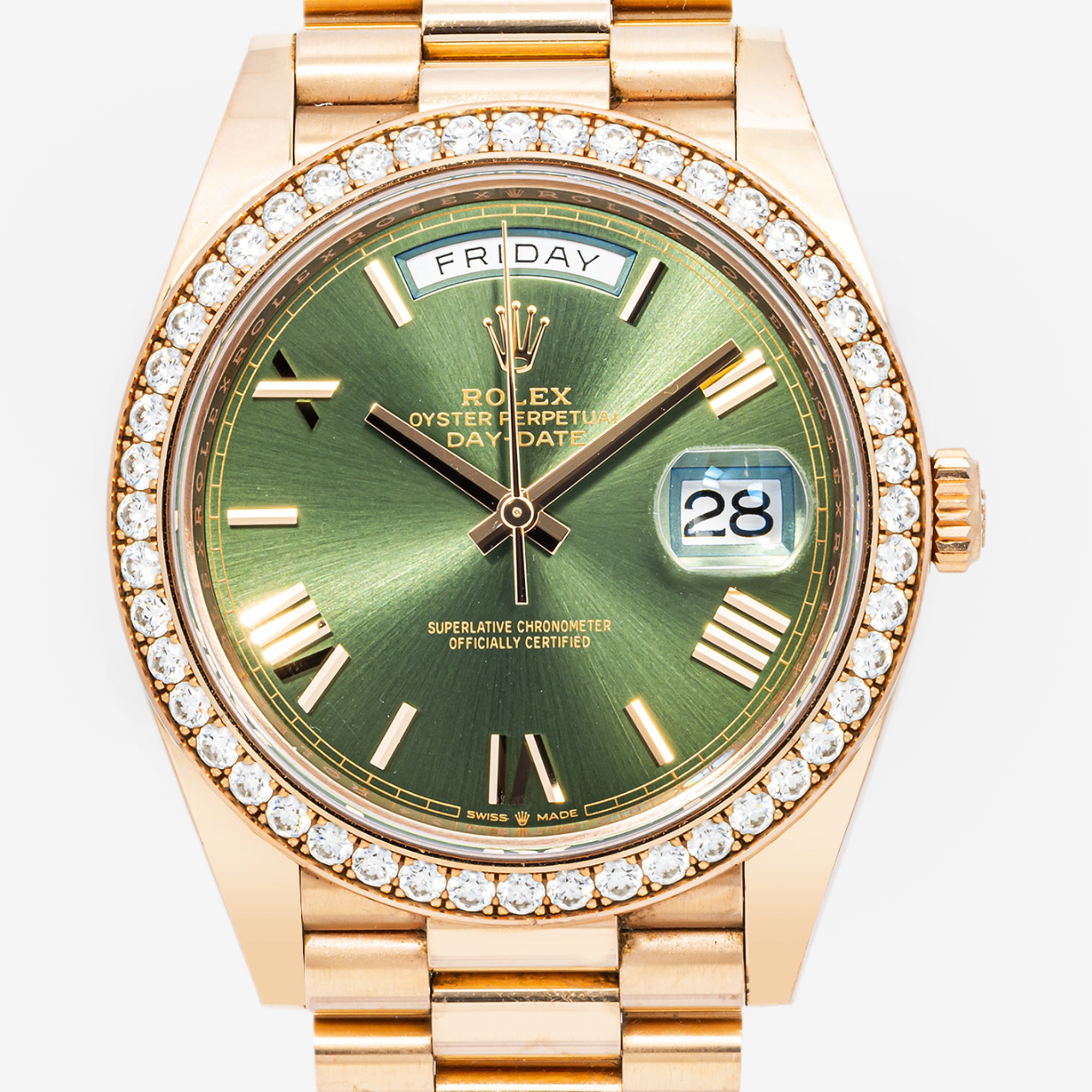 ROLEX DAY-DATE 40MM 228235 ROSE DIAMOND BEZEL GOLD OLIVE GREEN DIAL