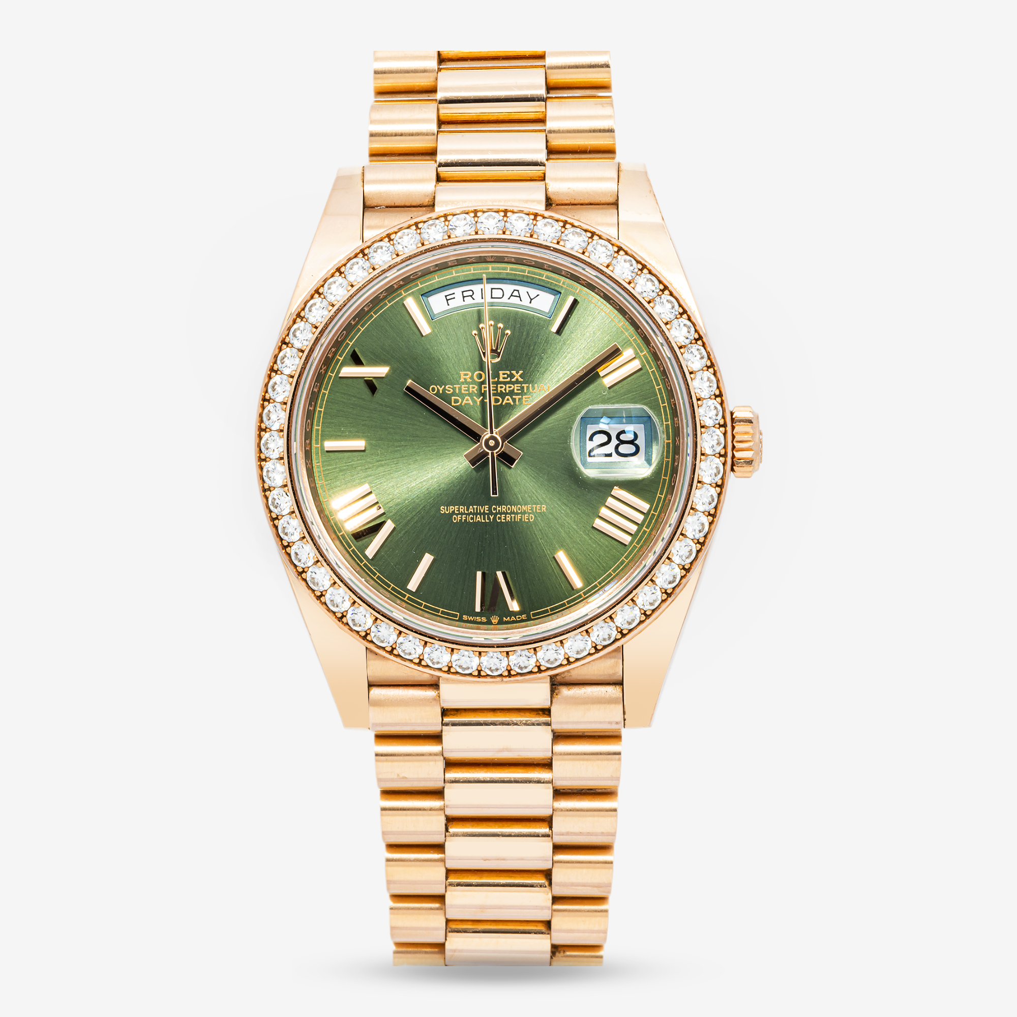 ROLEX DAY-DATE 40MM 228235 ROSE DIAMOND BEZEL GOLD OLIVE GREEN DIAL