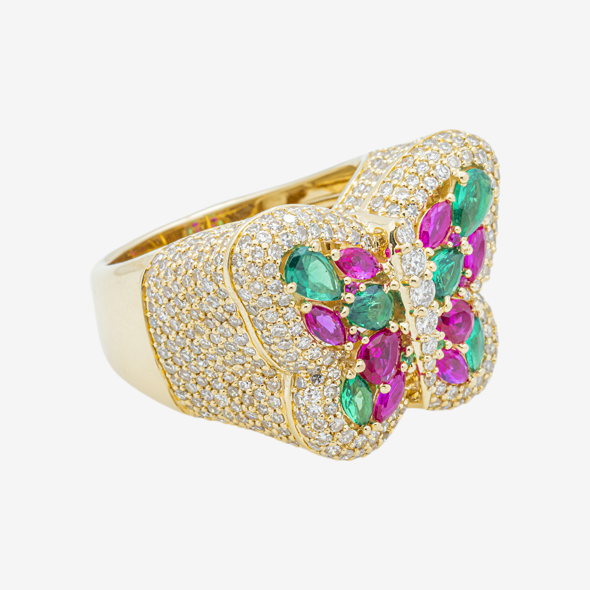 14K RUBY EMERALD & DIAMOND PAVE BUTTERFLY DOME MARQUISE PEAR MULTI-GEMSTONE NATURE INSPIRED RING IN YG