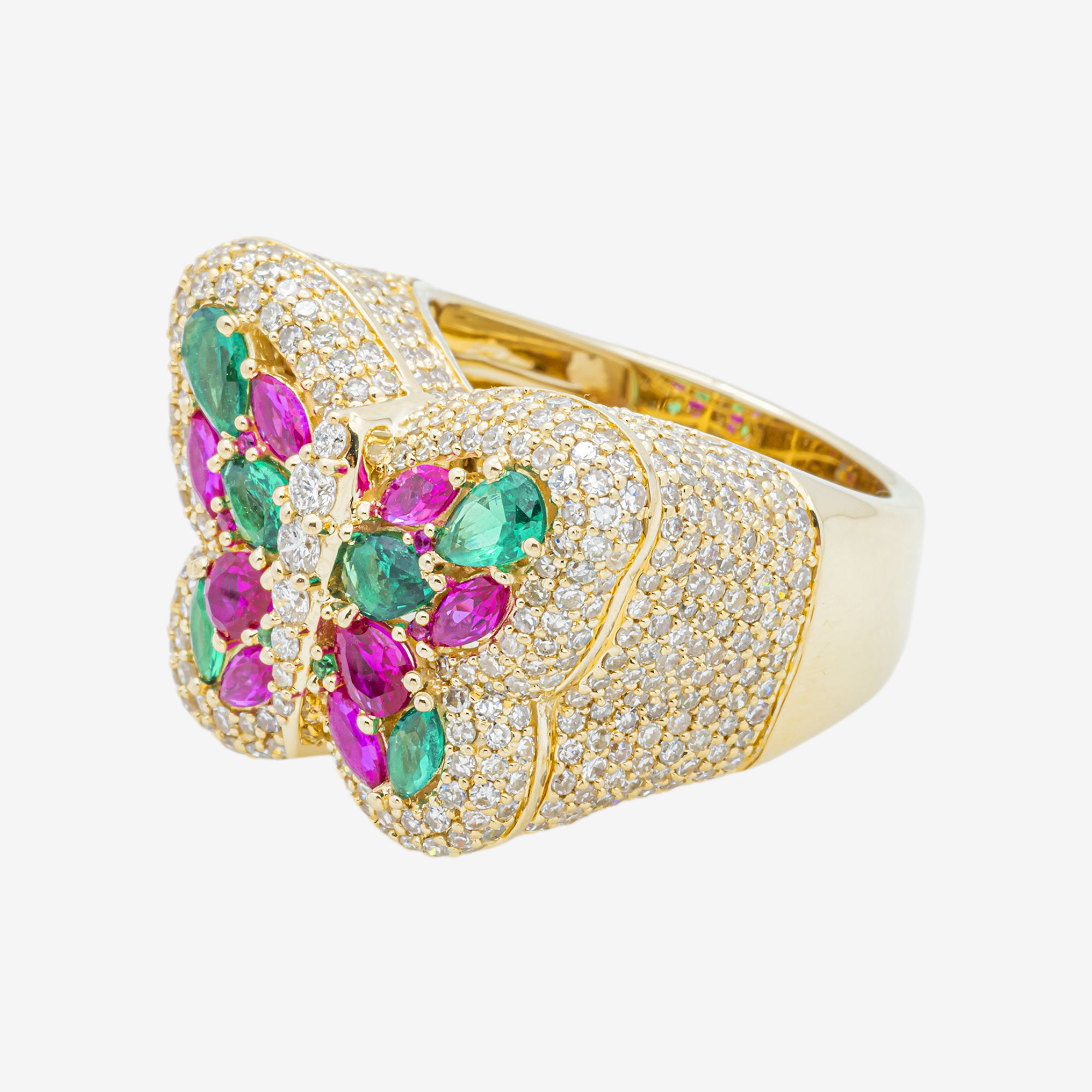 14K RUBY EMERALD & DIAMOND PAVE BUTTERFLY DOME MARQUISE PEAR MULTI-GEMSTONE NATURE INSPIRED RING IN YG