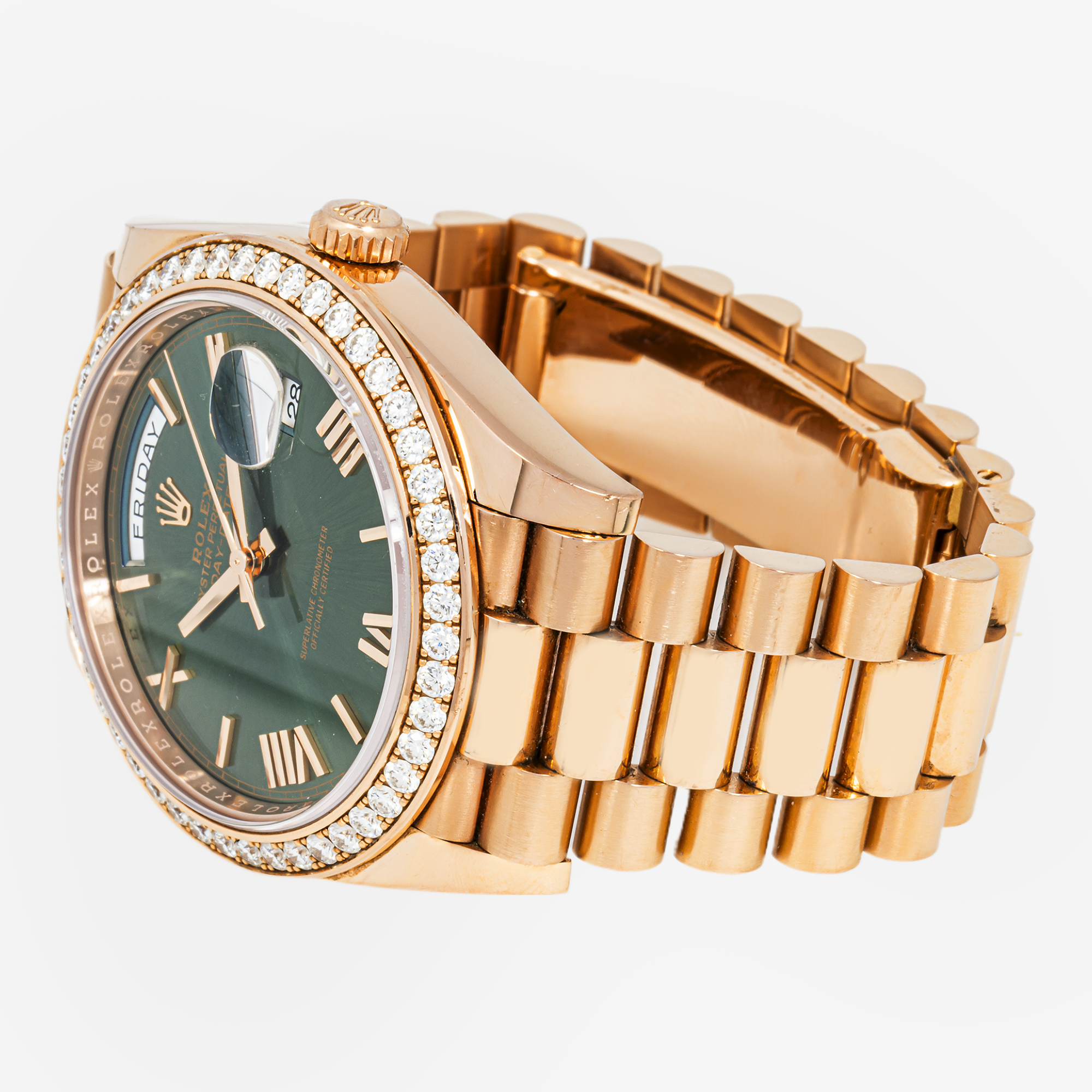 ROLEX DAY-DATE 40MM 228235 ROSE DIAMOND BEZEL GOLD OLIVE GREEN DIAL