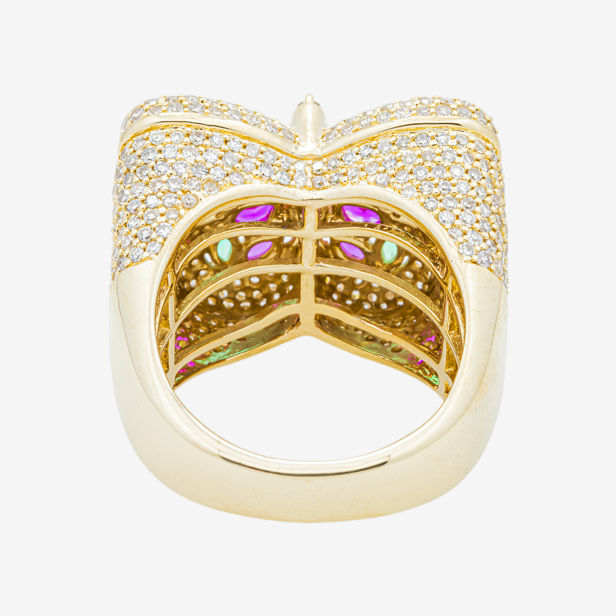 14K RUBY EMERALD & DIAMOND PAVE BUTTERFLY DOME MARQUISE PEAR MULTI-GEMSTONE NATURE INSPIRED RING IN YG
