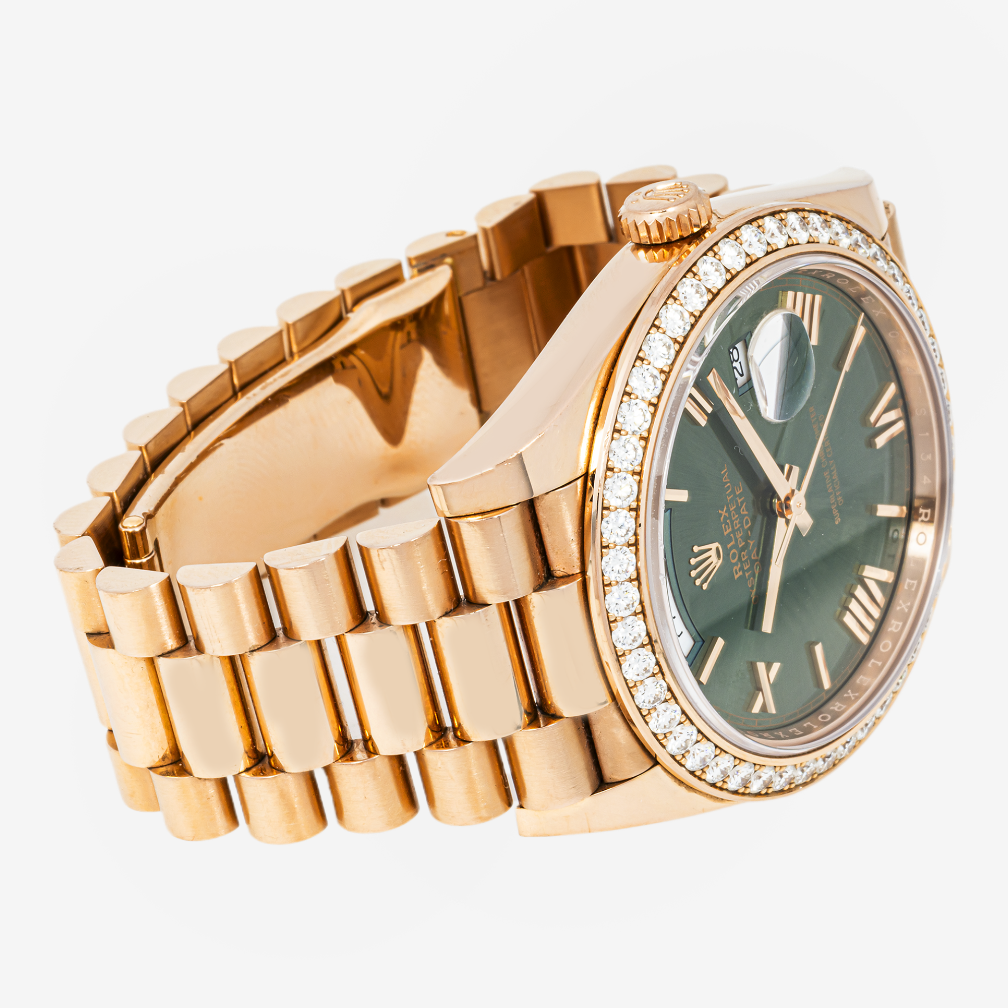 ROLEX DAY-DATE 40MM 228235 ROSE DIAMOND BEZEL GOLD OLIVE GREEN DIAL