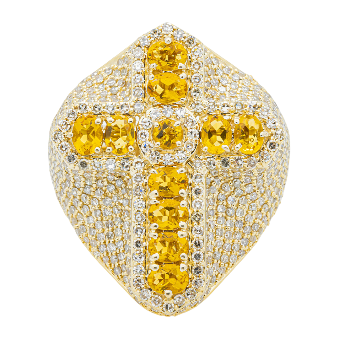 14K CITRINE & DIAMOND PAVE DOME CROSS OVAL YELLOW CITRINE RELIGIOUS CROSS RING IN YG