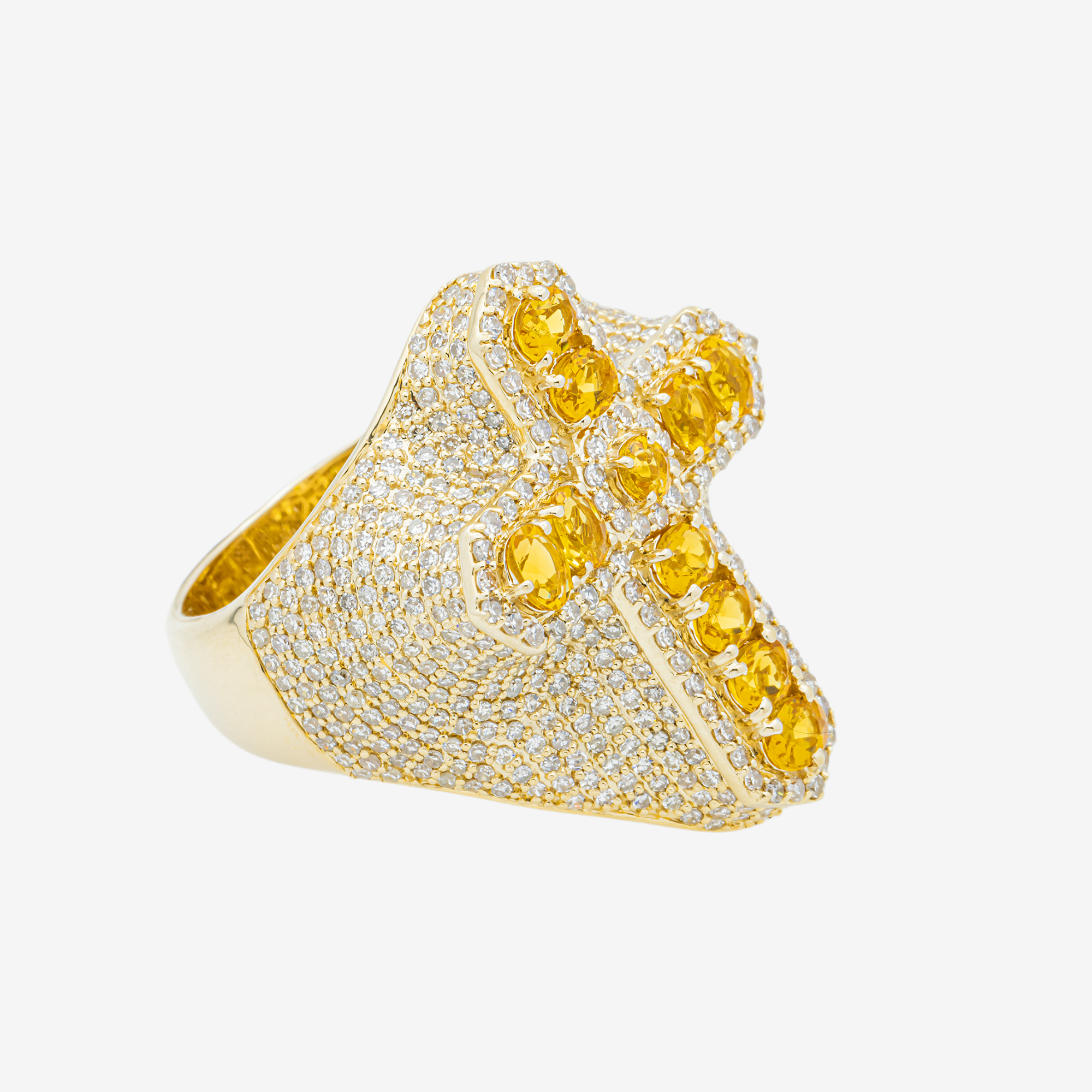 14K CITRINE & DIAMOND PAVE DOME CROSS OVAL YELLOW CITRINE RELIGIOUS CROSS RING IN YG