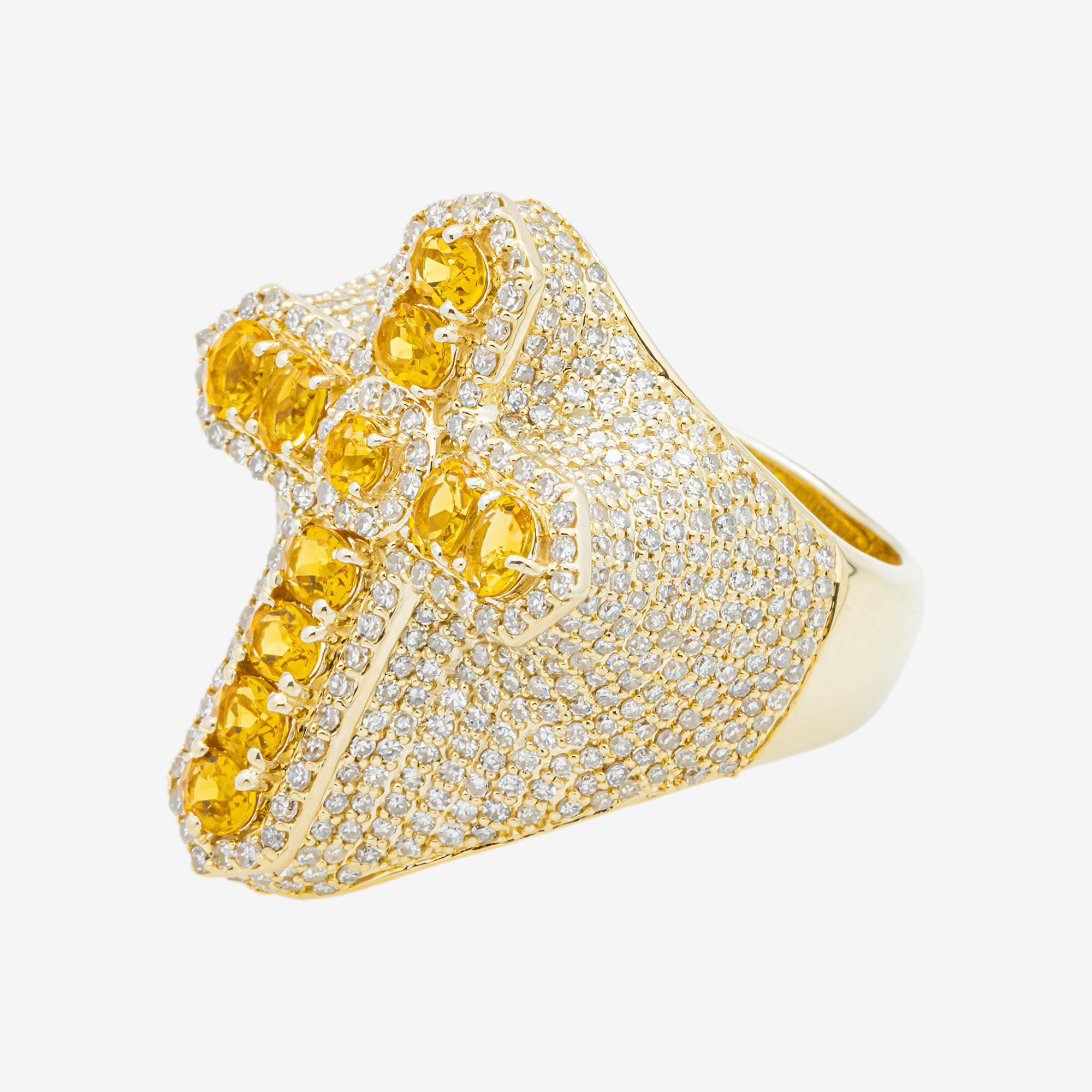 14K CITRINE & DIAMOND PAVE DOME CROSS OVAL YELLOW CITRINE RELIGIOUS CROSS RING IN YG