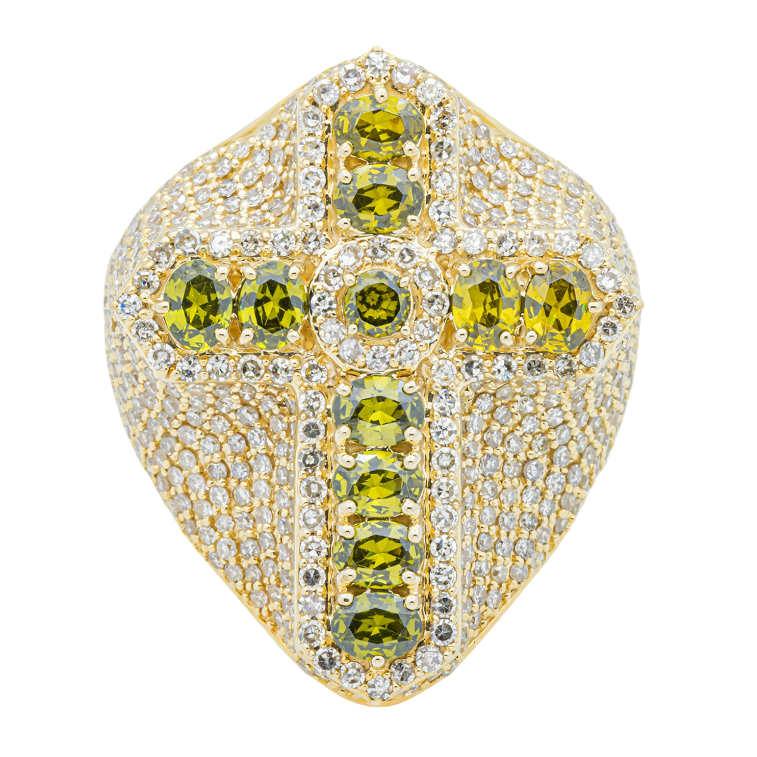 14K PERIDOT & DIAMOND PAVE DOME OVAL OLIVE GREEN GEMSTONE RELIGIOUS CROSS RING IN YG