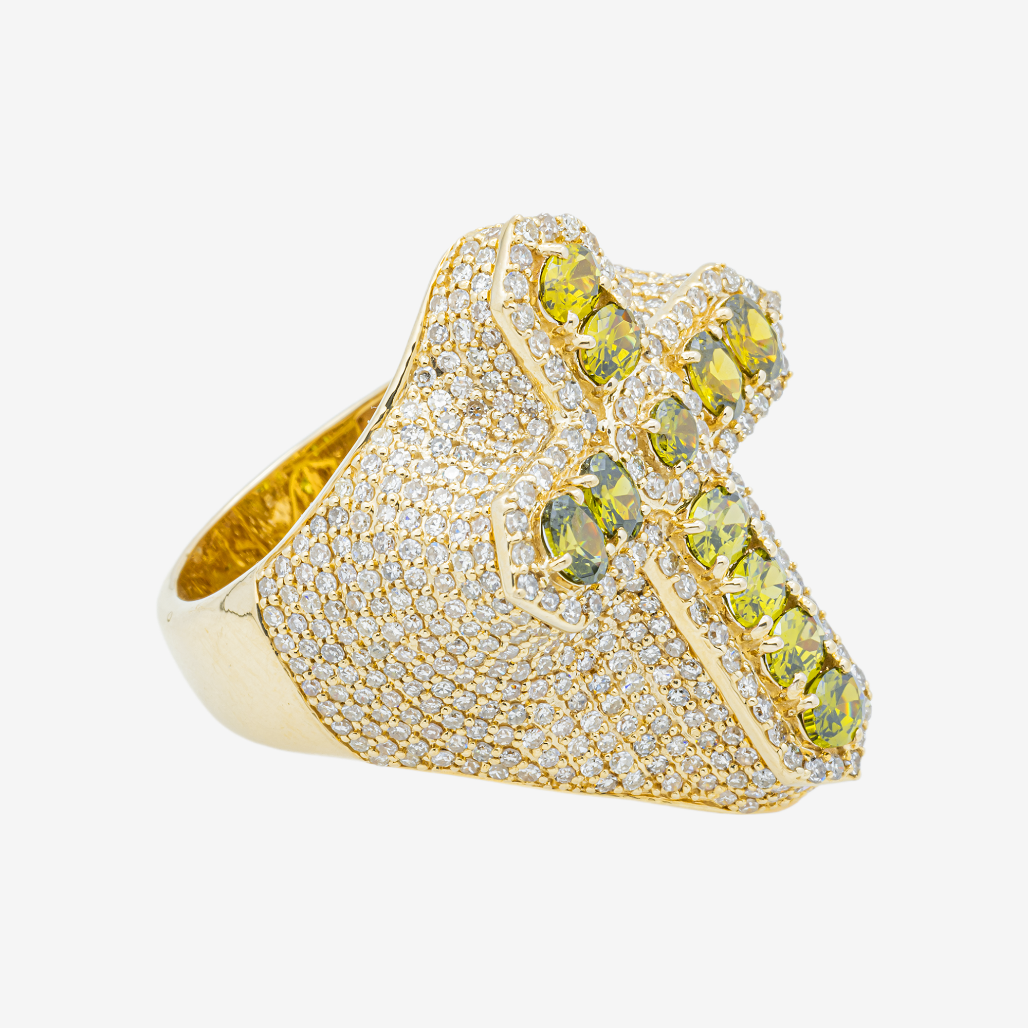 14K PERIDOT & DIAMOND PAVE DOME OVAL OLIVE GREEN GEMSTONE RELIGIOUS CROSS RING IN YG