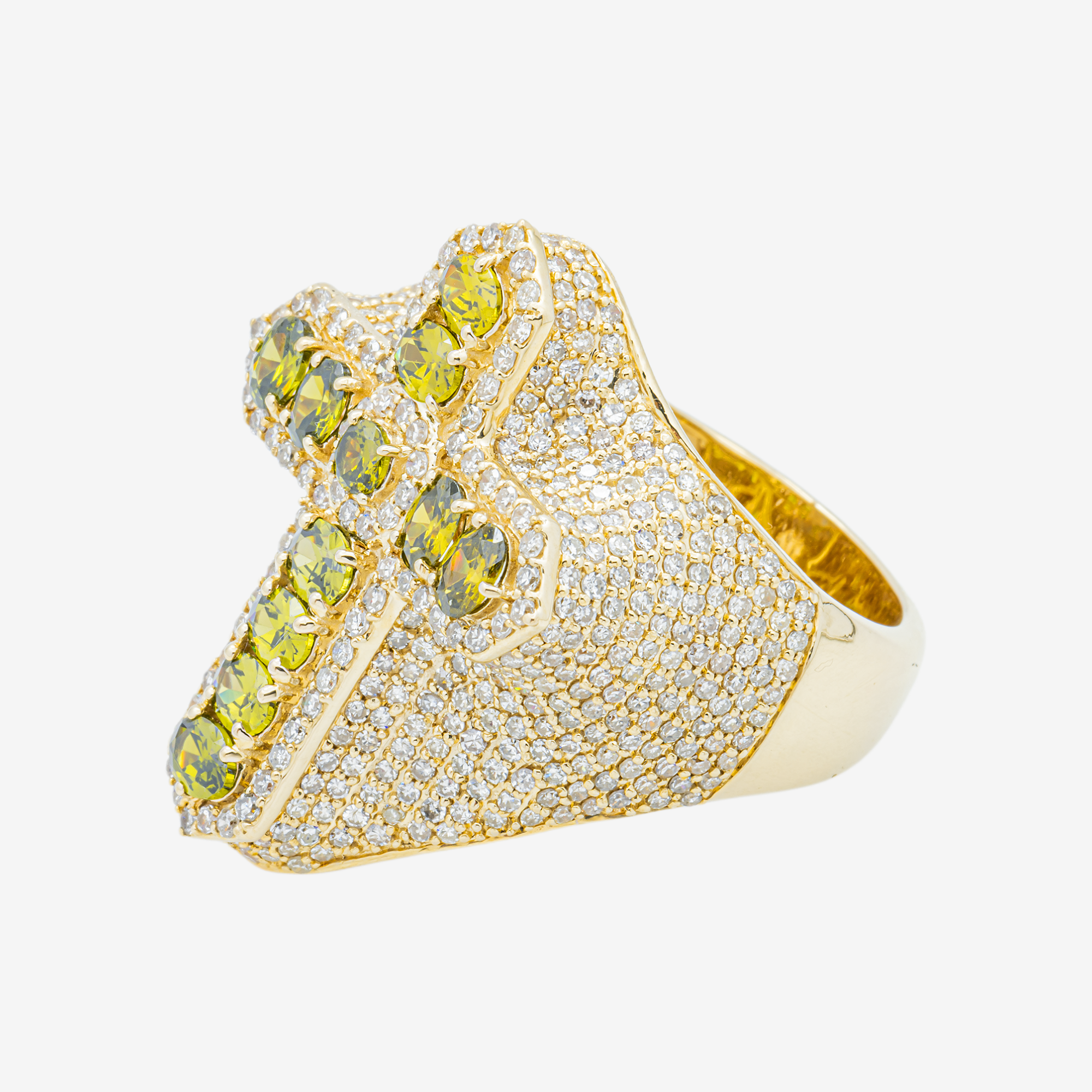 14K PERIDOT & DIAMOND PAVE DOME OVAL OLIVE GREEN GEMSTONE RELIGIOUS CROSS RING IN YG