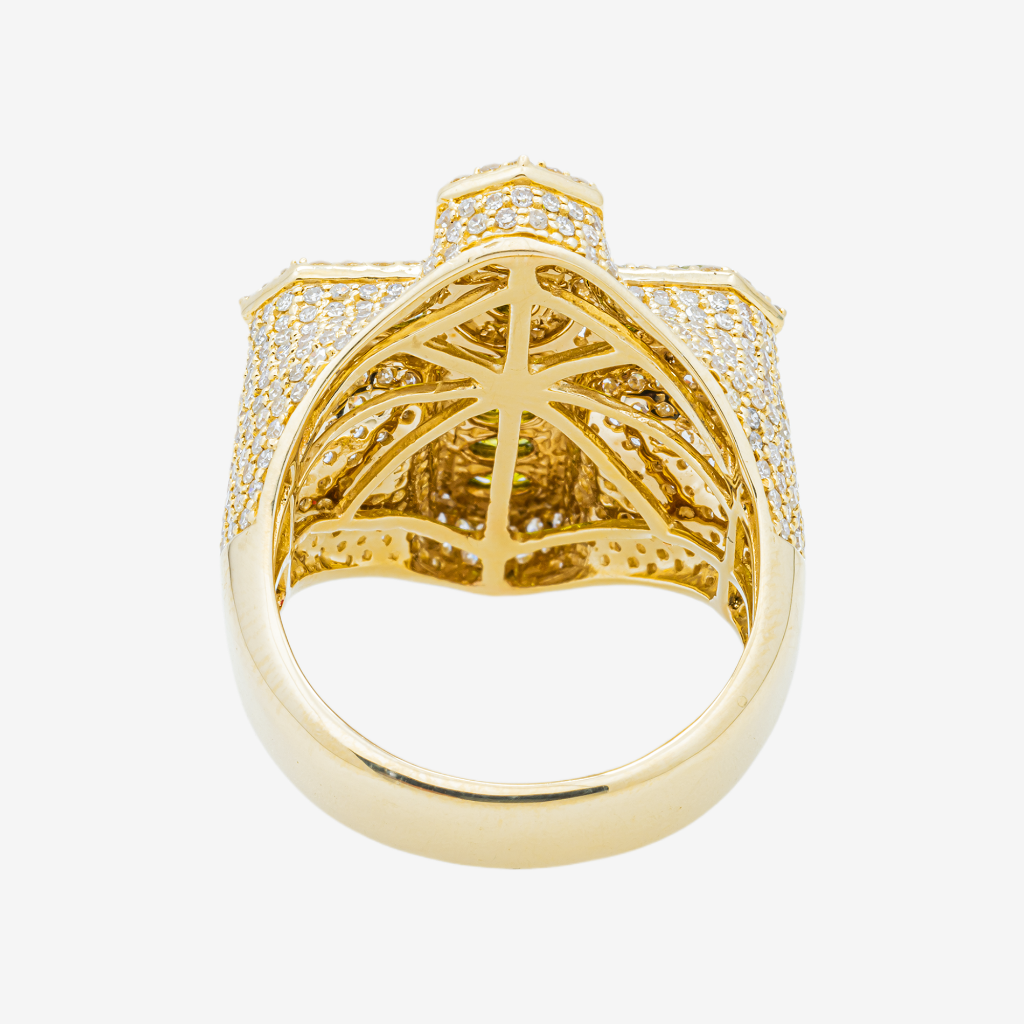 14K PERIDOT & DIAMOND PAVE DOME OVAL OLIVE GREEN GEMSTONE RELIGIOUS CROSS RING IN YG