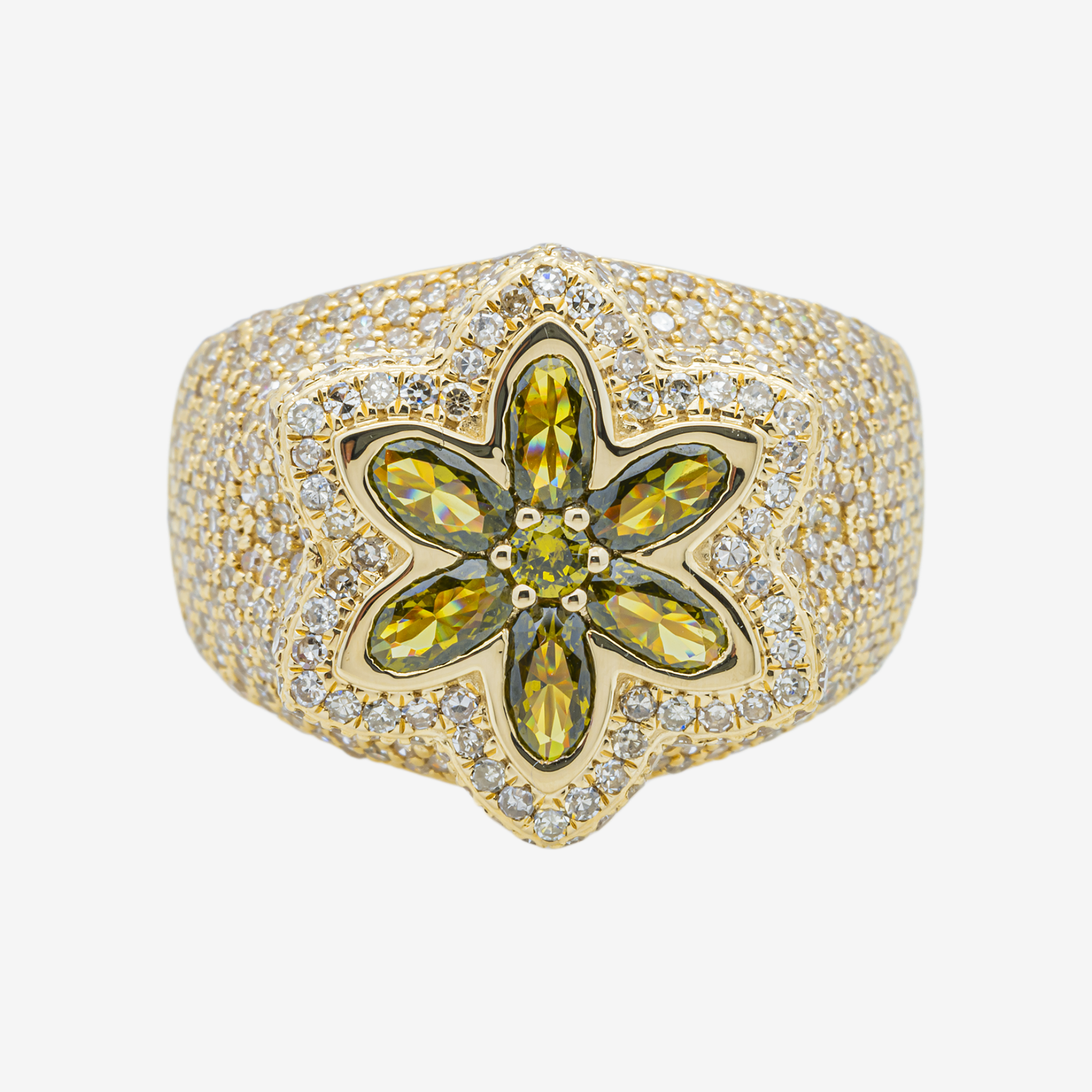 14K PERIDOT SIX PETAL FLOWER & DIAMOND PAVE DOME MARQUISE OLIVE GREEN FLORAL CLUSTER RING IN YG