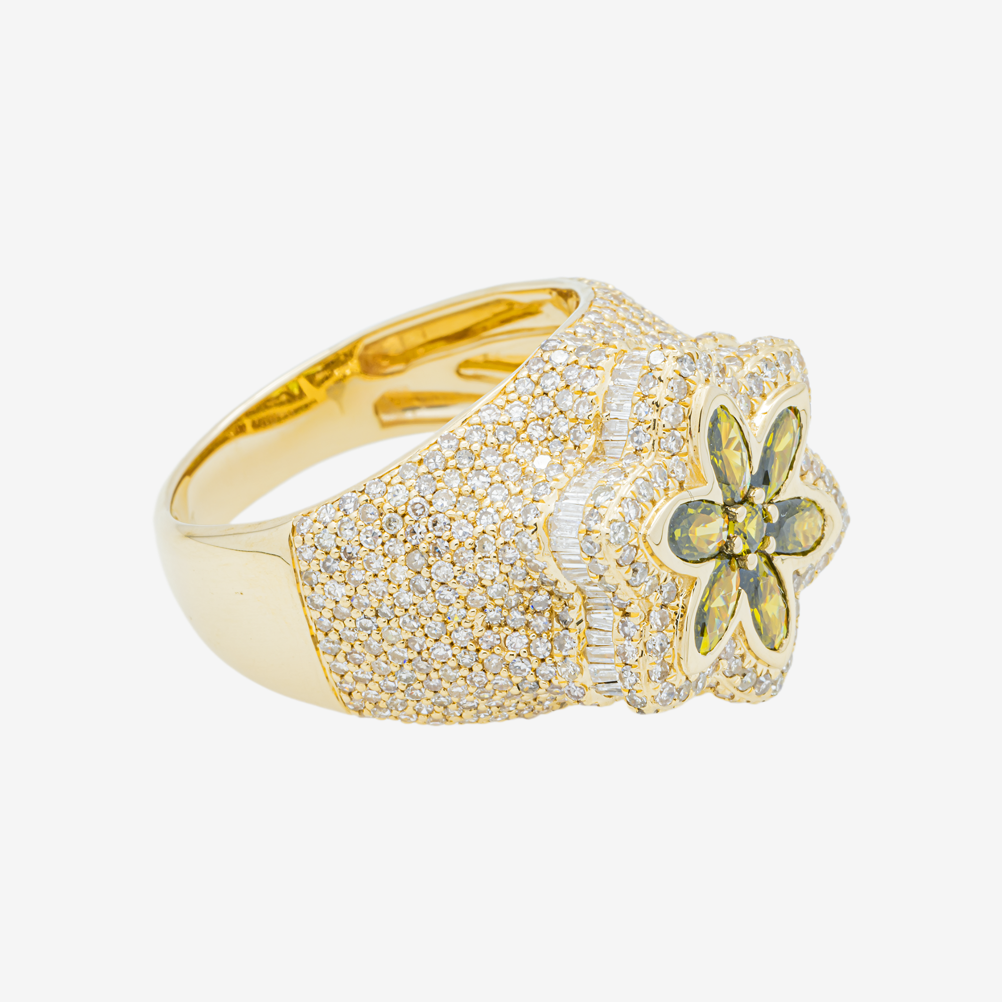 14K PERIDOT SIX PETAL FLOWER & DIAMOND PAVE DOME MARQUISE OLIVE GREEN FLORAL CLUSTER RING IN YG