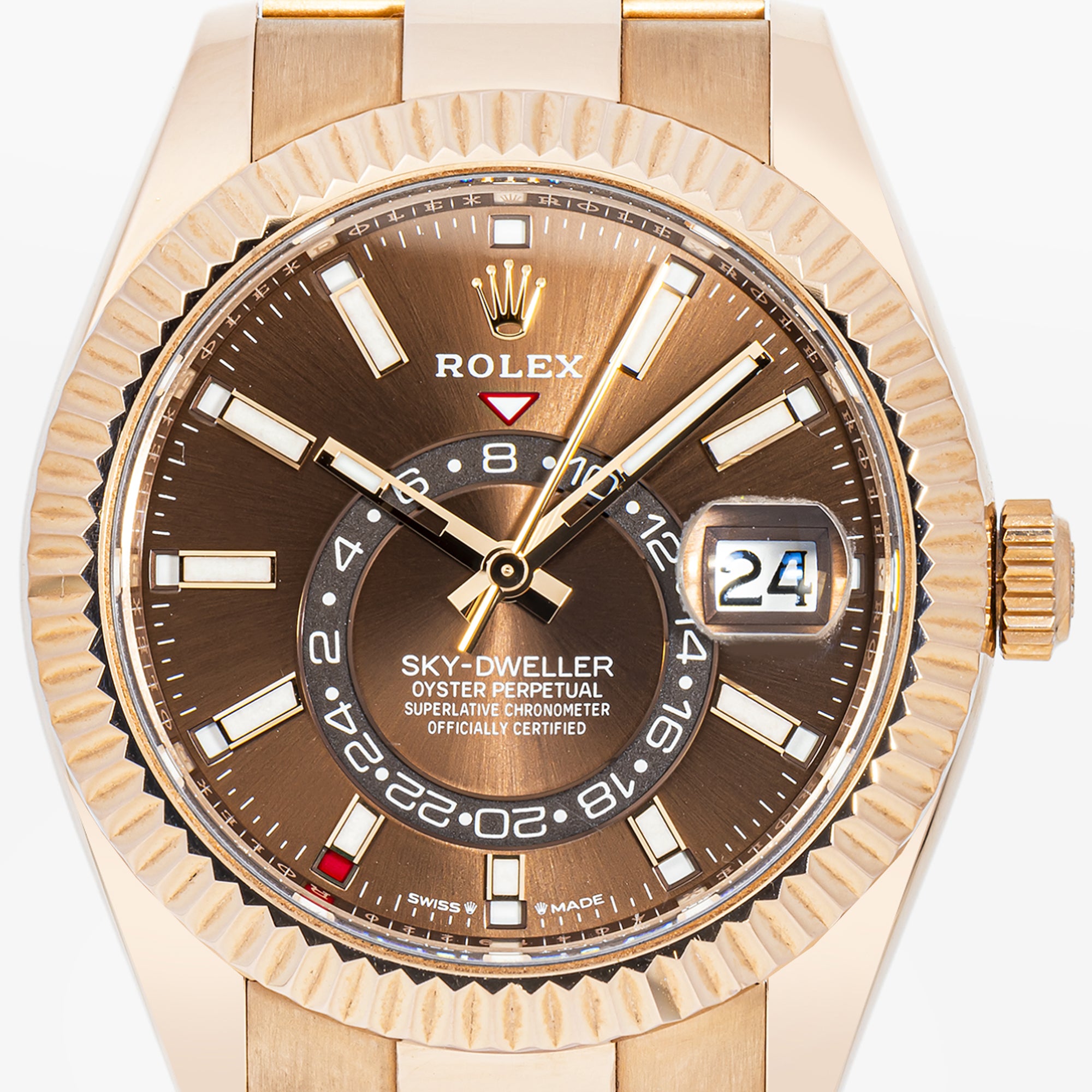 ROLEX SKY-DWELLER 42MM 326935 CHOCOLATE DIAL FLUTED BEZEL 18K ROSE GOLD OYSTER BRACELET