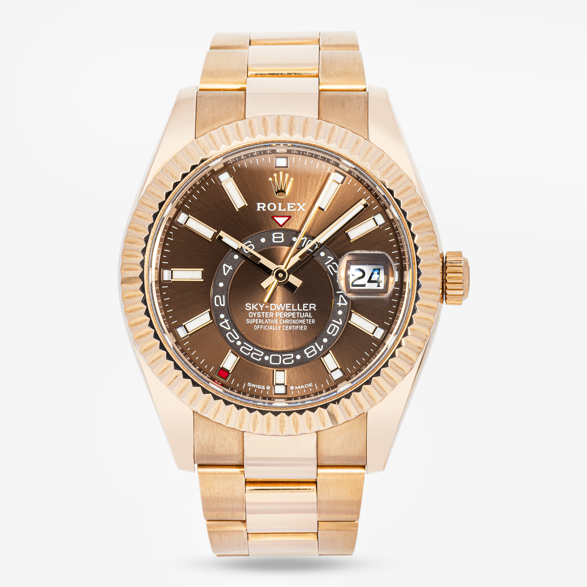 ROLEX SKY-DWELLER 42MM 326935 CHOCOLATE DIAL FLUTED BEZEL 18K ROSE GOLD OYSTER BRACELET