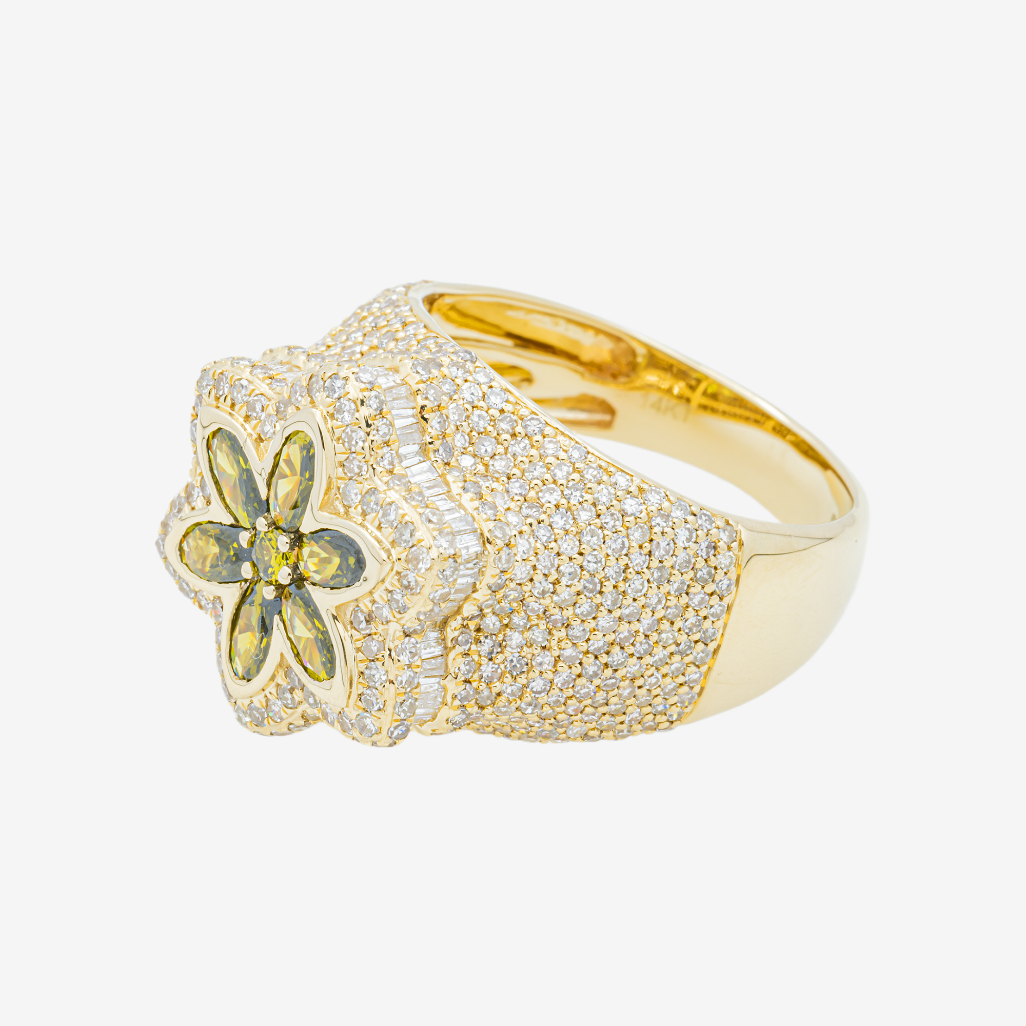14K PERIDOT SIX PETAL FLOWER & DIAMOND PAVE DOME MARQUISE OLIVE GREEN FLORAL CLUSTER RING IN YG