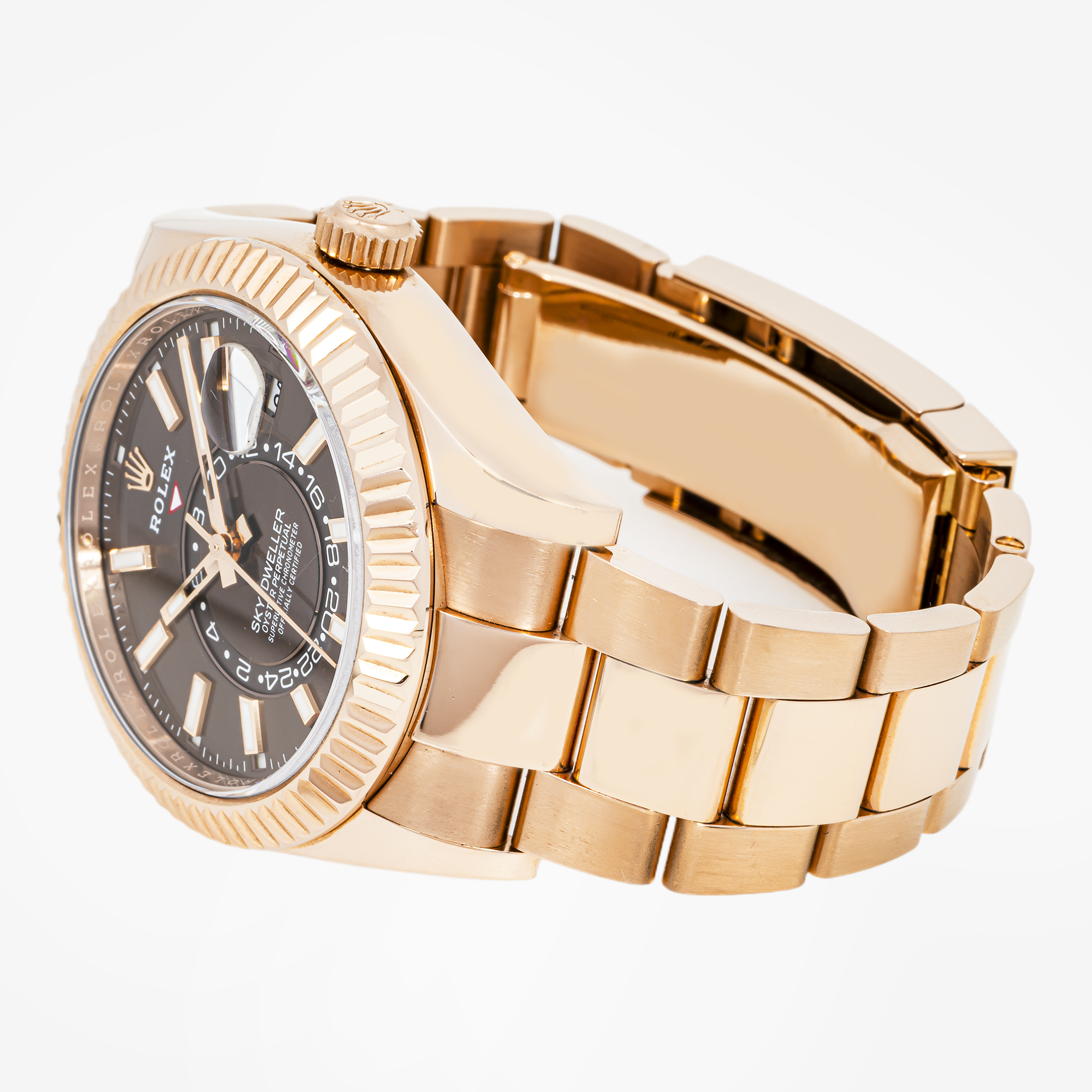 ROLEX SKY-DWELLER 42MM 326935 CHOCOLATE DIAL FLUTED BEZEL 18K ROSE GOLD OYSTER BRACELET