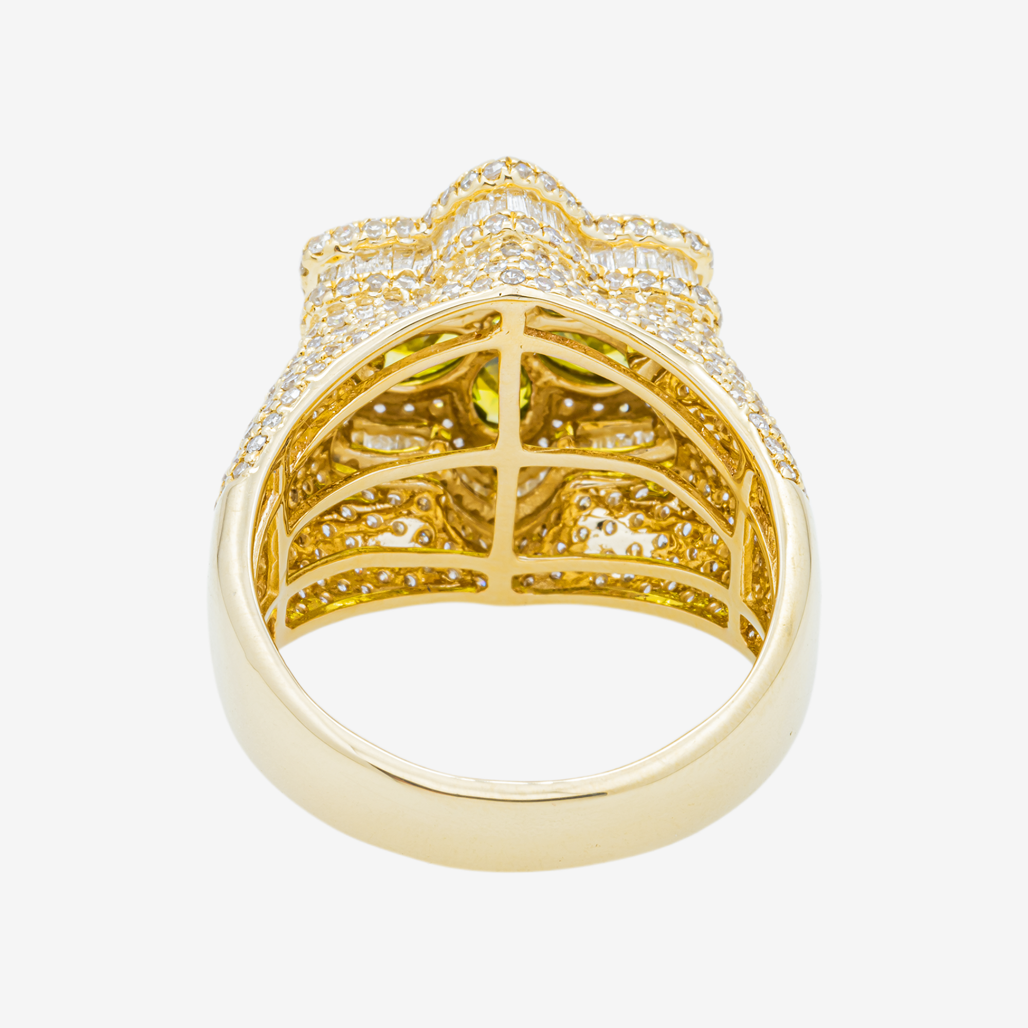 14K PERIDOT SIX PETAL FLOWER & DIAMOND PAVE DOME MARQUISE OLIVE GREEN FLORAL CLUSTER RING IN YG