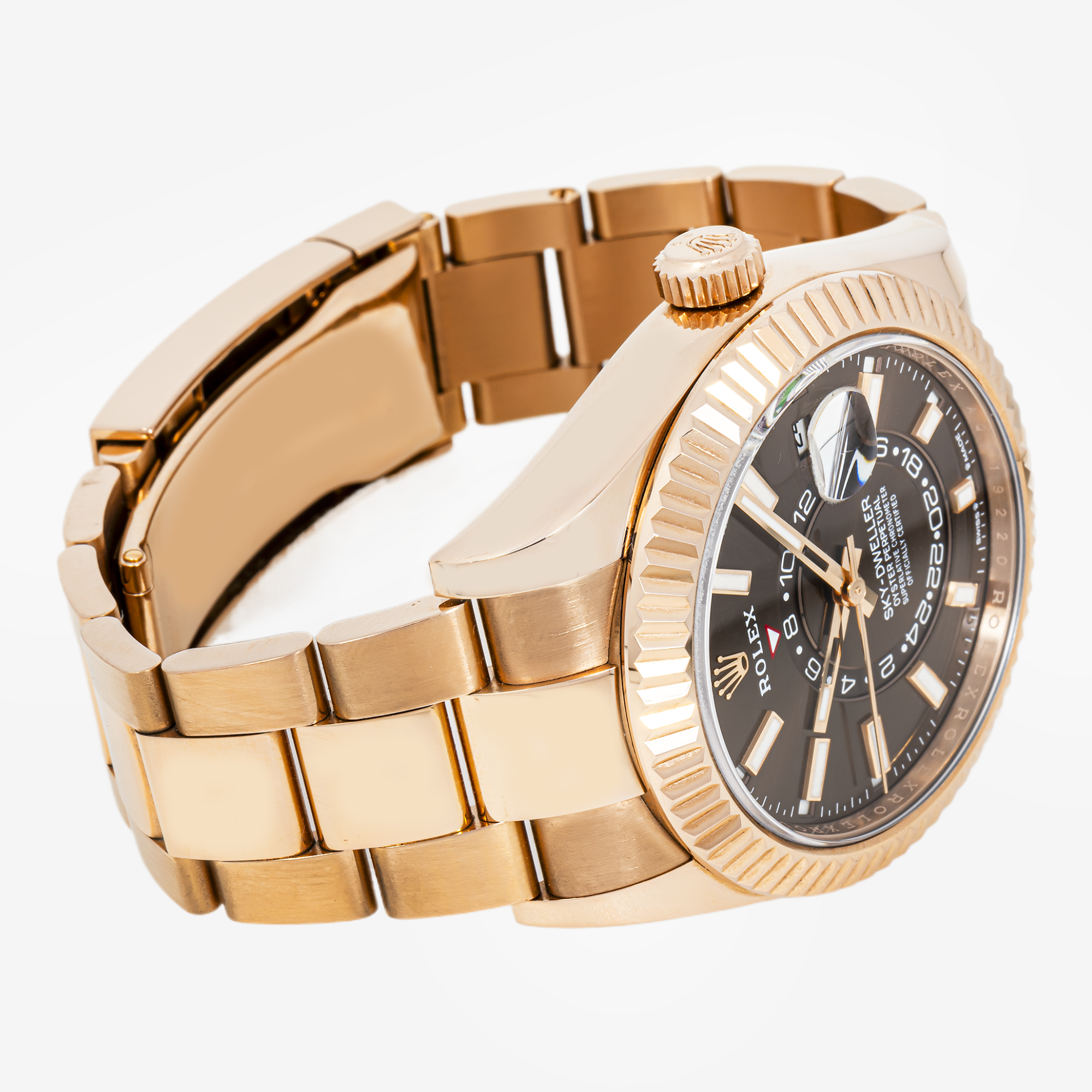 ROLEX SKY-DWELLER 42MM 326935 CHOCOLATE DIAL FLUTED BEZEL 18K ROSE GOLD OYSTER BRACELET