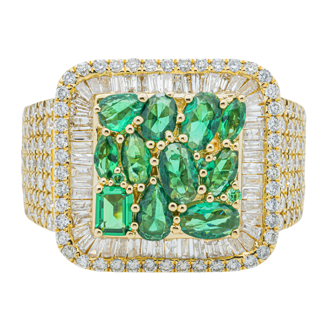 14K EMERALD & DIAMOND BAGUETTE DOUBLE HALO WIDE BAND MIXED CUT EMERALD CLUSTER CENTER PAVE RING IN YG